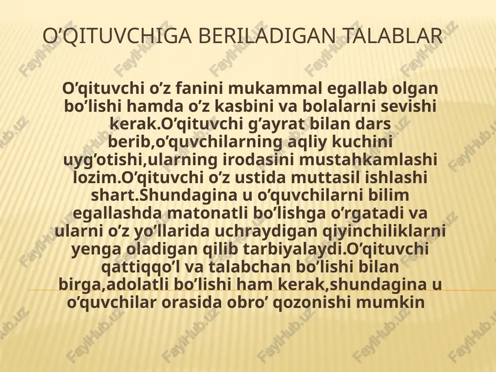 rayonining analiziga qarab turlarga bo’lish. 3.darslarni tuzilishiga qarab turlarga bo’lish ta’lim tizimida tajribadan o’tgan dars turlari yangi bilimlarni bayon qilish darsi. o’quv materiallarini mustahkamlash. takrorlash va bilimlarni umumlashtirish darslari. o’quvchilarning o’zlashtirishini nazorat qilish va baholash darslari. dars turlari uyg`unlashgan (aralash)darslar darsga qo’yiladigan talablar tarbiyaviy talablar tashkiliy talablar didaktik talablar darsga qo’yilgan didaktik talablar har bir dars aniq maqsadni ko’zlagan holda puxta rejalashtirilishi mavzu mazmaniga xos yurtimizdagi o’zgarishlardan talabalarni xabardor qilish mashg’ulotlar bitta o’quvchi yoki hamma o’quvchilar bilan olib borilishi dars uchun ajratilgan vaqtni tejash va unumli foydalanish har bir dars aniq g’oyaviy mafkuraviy izlanishga egaligi har bir dars xarakteriga mos usul,uslub vositalardan samarali foydalanishi dars jarayonida o’qituvchi va o’quvchi faol munosabatda bo’lishi yurtboshimiz i.a.karimovning ta’lim sohasidagi fikrlaridan foydalanish 13 darsga qo’yiladigan tashkiliy talablar dars tempini o’quvchilar tayyorgarigiga moslashtirish dars uchun ajratilgan vaqtdan ratsional foydalanish dars uchun puxta o’ylangan konspekt va reja tuzish darsda ongli intizomni tashkil etish ta’lim shakllarining tarixan …