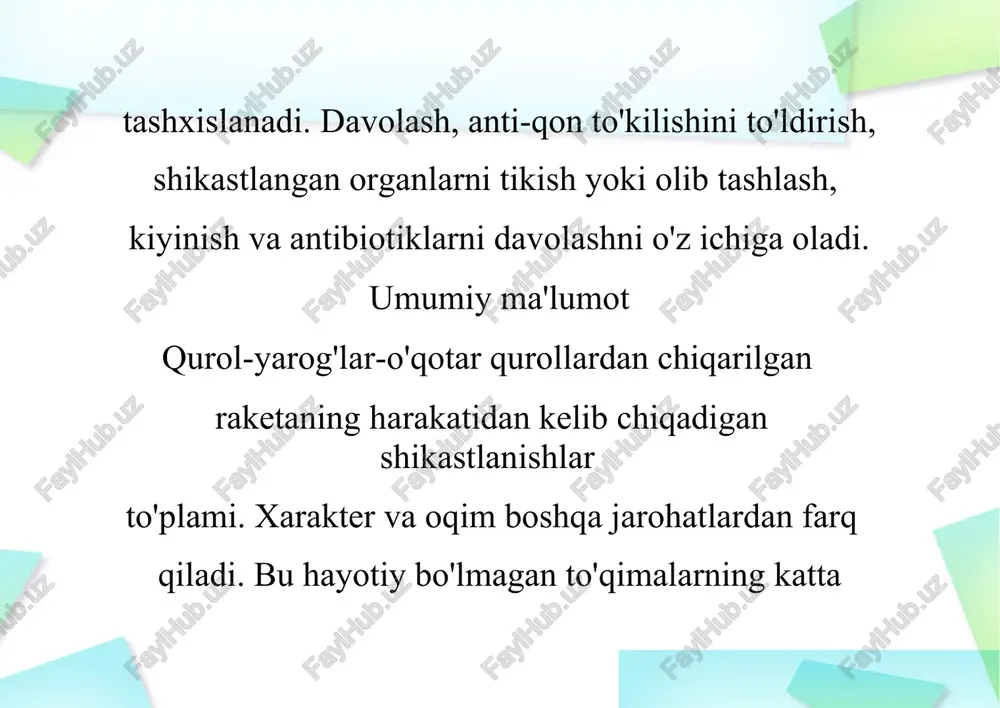udlar ta'sir ko'rsatdi). bundan tashqari, turli xil zararli omillar, masalan, o'qotar qurollar va radiatsiya yoki zaharli moddalar kombinatsiyasi mavjud bo'lgan qo'shma jarohatlar mavjud. mahalliylashtirish bo'yicha: oyoq-qo'llar, tos suyagi, qorin, ko'krak va boshning yaralari. otashin jarohatlarning belgilari  zarar tabiatiga qarab, yara nuqsonlarining uch turi mavjud: yara bo'shlig'i (ko'rinadigan taglik va devorlarga ega yara), yara kanali (chuqurligi diametrdan oshib ketadigan yara) va yara yuzasi. ko'pincha klinik amaliyotda yara kanali shaklida nuqson mavjud; bo'shliqlar va sirtlar odatda past tezlikda yoki teginadigan jarohatlarda qobiqlarga duch kelganida hosil bo'ladi. yara nuqsonining pastki va devorlari o'lik to'qimalar bilan qoplangan. qusur bo'shlig'i shikastlangan to'qimalar, begona jismlar, qon pıhtıları va suyaklarning yaxlitligini buzgan holda – suyak qismlari bilan to'ldiriladi. kontuziya zonasida qon ketish hosil bo'ladi,to'qimalar qon bilan keng tarqalgan. mumkin bo'lgan yoriqlar, ichki organlarning yorilishi, denatürasyon o'choqlari shakllanishi va to'qima komplekslarini ajratish. keyinchalik kontuziya zonasining nekrotik to'qimalari shikastlanish vaqtida yaraga tushgan mikroblarning faol ko'payishi uchun asos bo'lib …