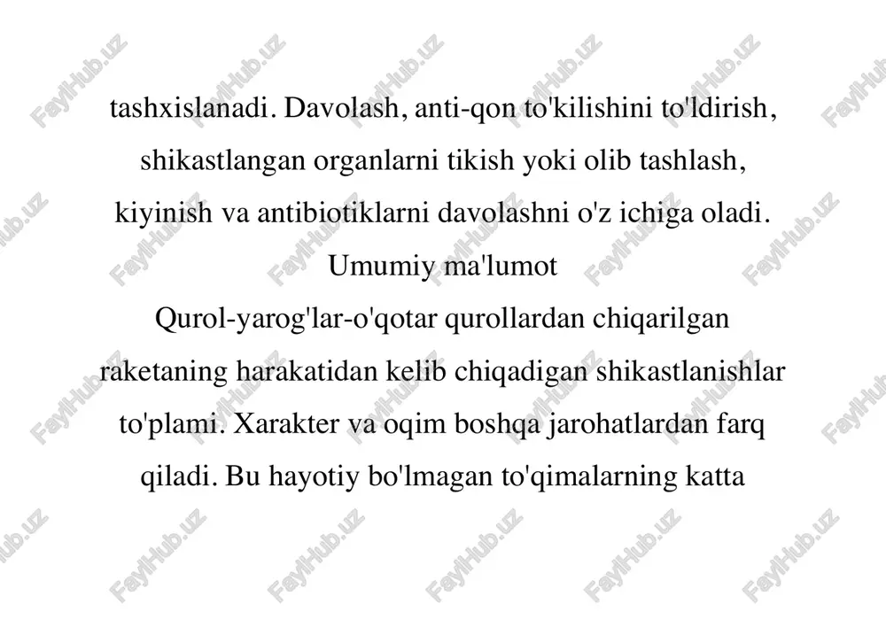 to'qimasini) yirtib tashlanganda, yolg'on – ajratilgan to'qimalarning qisqarishi bilan (masalan, zararlangan mushaklar qisqarishi bilan) hosil bo'ladi. tasnifi zamonaviy travmatologiya va ortopediyada tashxisni shakllantirish quyidagi tasniflash yordamida amalga oshiriladi:  yarador marmar turiga ko'ra: shard, o'q.  yara kanalining xususiyatlariga ko'ra: ko'r, uchidan, teginishdan. https://www.krasotaimedicina.ru/treatment/traumatology/  tananing bo'shliqlariga zarar yetkazilmasligi yoki mavjudligi: penetratsion va zaif.  zararlangan to'qimalarning tabiatiga ko'ra: yumshoq to'qimalar, nervlar, tomirlar, suyaklar va ichki organlarga zarar etkazish.  zarar miqdori va xususiyatlari bo'yicha: bir nechta, bitta, birlashtirilgan (bir anatomik mintaqada joylashgan 2 yoki undan ko'p anatomik hududlar ta'sir ko'rsatdi). bundan tashqari, turli xil zararli omillar, masalan, o'qotar qurollar va radiatsiya yoki zaharli moddalar kombinatsiyasi mavjud bo'lgan qo'shma jarohatlar mavjud.  mahalliylashtirish bo'yicha: oyoq-qo'llar, tos suyagi, qorin, ko'krak va boshning yaralari. otashin jarohatlarning belgilari zarar tabiatiga qarab, yara nuqsonlarining uch turi mavjud: yara bo'shlig'i (ko'rinadigan taglik va devorlarga https://www.krasotaimedicina.ru/diseases/traumatology/abdominal-trauma ega yara), yara kanali (chuqurligi diametrdan oshib ketadigan yara) va …