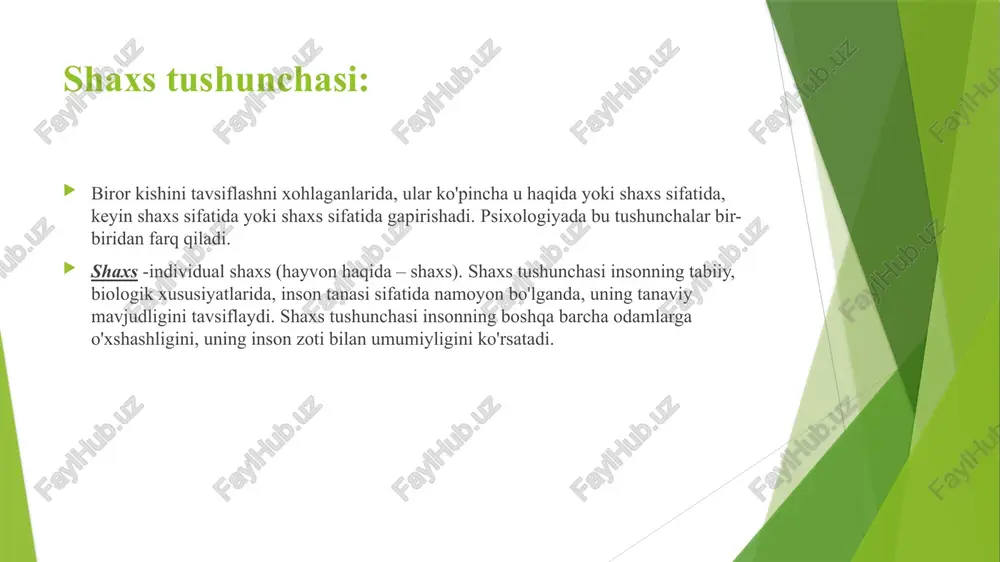 shi uchta tarkibiy qismni o'z ichiga oladi: shaxsning individualligi, uning shaxslararo munosabatlar tizimida va boshqa odamlarda vakili. k. k. platonovning fikriga ko'ra shaxsning tuzilishi quyidagi tarkibiy qismlarni o'z ichiga oladi biologik va ijtimoiy munosabatlar muammosi zamonaviy psixologiyada eng murakkab muammolardan biridir. biologik-insonga tabiatdan berilgan narsa (tananing anatomik tuzilishi, gni xususiyatlari, temperament, moyillik). ijtimoiy-shaxsni tavsiflovchi narsa; bu intravital ta'lim (dunyoqarash, did, xarakter va boshqalar). psixologiyada inson shaxsida ikkita asosiy omil, biologik va ijtimoiy – "endopsixik" va "ekzopsixik" tashkilot ta'siri ostida shakllangan ikkita asosiy tuzilmani ajratib turadigan nazariyalar mavjud. endopsixika shaxsning pastki tuzilishi sifatida aqliy elementlar va funktsiyalarning ichki o'zaro bog'liqligini, go'yo insonning neyropsikik tashkiloti bilan aniqlangan inson shaxsiyatining ichki mexanizmini ifodalaydi. u sezuvchanlik, xotira, fikrlash, tasavvur qilish xususiyatlari, ixtiyoriy harakat qilish qobiliyati va boshqalar kabi xususiyatlarni o'z ichiga oladi. ekzopsixika insonning tashqi muhitga munosabati bilan belgilanadi va inson munosabatlari tizimini va uning tajribasini o'z ichiga oladi, ya'ni. qiziqishlar, ideallar, moyilliklar, dunyoqarash, …