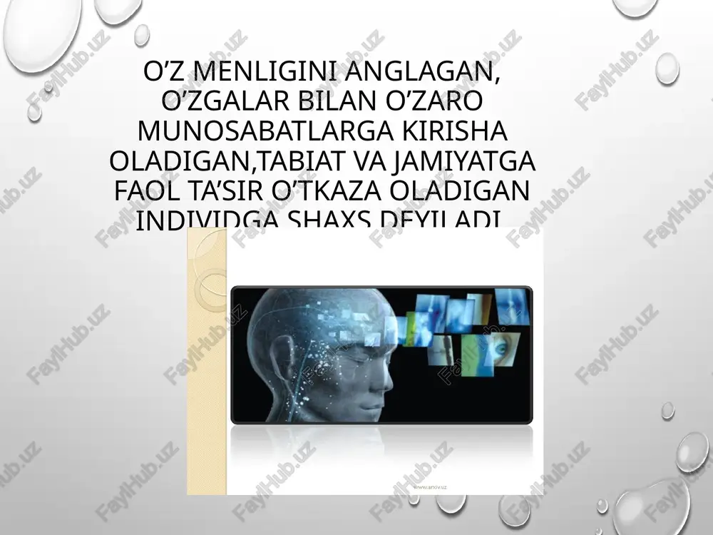 tiruvchi) tuyg‘ularga aylanib, ishchanlikni, g’ayratni pasaytiradi. stenik tuyg ularga mardlik, jangovar ruh, g-alaba quvonchini kiritish mumkin. astenik tuyg’ular qayg‘u - xasrat, umidsizlik, logaydlik va hokozolardir. /docprops/thumbnail.jpeg shaxs va individ tushunchasi
