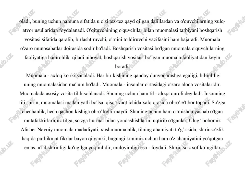 uvchining nutqi o'quvchilarning o'zlarini tuta bilishlariga, xulk-atvori va fikr yuritishlariga ham ta'sir etuvchi kuchli vositadir. o'qituvchining nutqida uning hissi, intilishlari, iroda va etiqodi aks etadi. u nutq yordami bilan o'quvchilarda xursandchilik, ruhlanish, muhabbat, sadoqat, g’azablanish, nafratlanish hislarini tug’diradi. xalq bilan birga turish, birga yashash muosharat deb ataladi. odamlarning bir-birlari bilan bo'lgan munosabatlarining go’zalligi, muloyimligiga «muosharat odobi» deyiladi. insonning eng ulug’, lekin murakkab va mashaqqatli faoliyatlaridan biri odamlar orasida, ya'ni jamiyatda o'z o'rnini topib yashashidir. bu faoliyatning murakkabligi shundaki, ko'pchilikka qo'shilish, ular bilan ahil bo'lib yashash uchun iisonda shunga yarasha muomala va munosabat bo'lishi kerak. muomala va munosabati ko'pchilikning didiga to'g’ri kelmaydigan, qo'pol va dilozor odamni ko'pchilik yoqtirmaydi. insonlar xushfe'l, shirinsuxan, mard, muomalasi shirin kishilarni dildan yoqtirishadi va hurmat-e'tibor qilishadi. insonlar orasida munosib o'rin topish, inoq, ittifoq bo’lib yashash shartlaridan biri odamning kamtarligidir. kamtarin inson hech qachon o'zining yutug’i bilan, boy-badavlatligi bilan, ilm-hunari bilan maqtanmaydi, hamma vaqt kamgap, sodda bo'ladi. ammo …