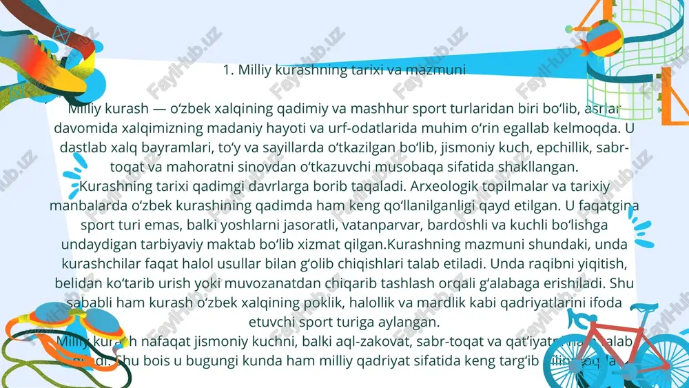 anitadi. xulosa milliy kurash va belbogʻli kurash o‘zbek xalqining qadimiy sport merosi bo‘lib, bugungi kunda ham o‘z ahamiyatini yo‘qotmagan. u nafaqat jismoniy kuchni, balki sabr-toqat, mardlik, halollik va raqibga hurmat kabi insoniy fazilatlarni tarbiyalaydi. belbogʻli kurash o‘ziga xos texnik usullari va qoidalari bilan ajralib turadi hamda sportchilardan kuch, epchillik va mahoratni talab qiladi.mazkur sport turlari yoshlarning sog‘lom turmush tarzini shakllantirishda, ularni jismonan chiniqtirishda hamda ma’naviy jihatdan yuksaltirishda muhim vosita bo‘lib xizmat qiladi. shu bilan birga, xalqaro maydonda ham kurash o‘zbekistonning milliy brendi sifatida tanilib, mamlakatimiz sha’nini yuksaltirmoqda. demak, milliy va belbogʻli kurash yosh avlodni sog‘lom, kuchli, vatanparvar va ma’naviy barkamol qilib tarbiyalashda beqiyos