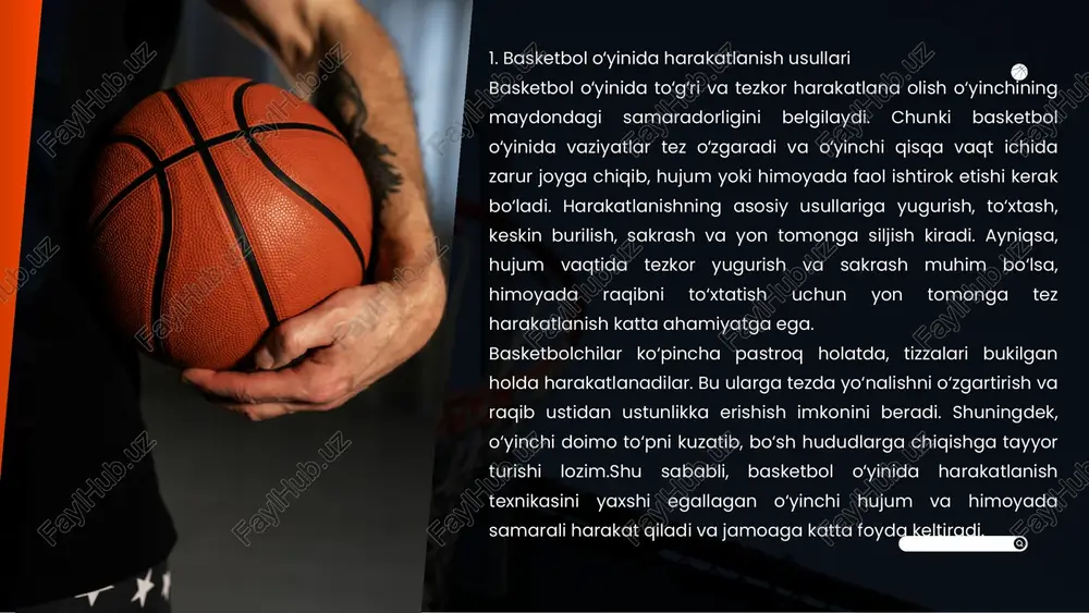 rish va jamoadoshlar bilan hamkorlikda o‘ynashga yordam beradi. muntazam mashqlar orqali o‘yinchilar chaqqonlik, muvozanat, chidamlilik va to‘pni boshqarish ko‘nikmalarini rivojlantiradilar. natijada ular musobaqalarda yuqori natijalar ko‘rsatib, jamoaviy o‘yinda muvaffaqiyatga erishadilar. shu bois, basketbolchilar uchun harakatlanish va to‘pni boshqarishni oʻrgatish sport tayyorgarligining asosiy yo‘nalishlaridan biri hisoblanadi. thank you thank you