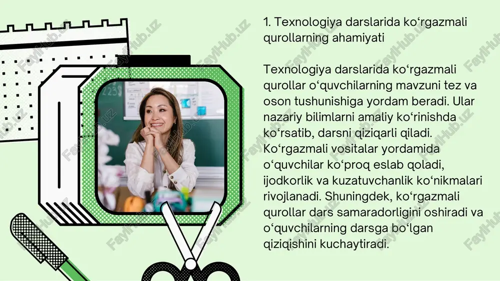 uni tushuntirishga qaratishi zarur. maqsad — qurollarni darsni bezash emas, balki o‘quvchilarga bilim va ko‘nikmalarni yanada oson o‘zlashtirishga yordam berishdir. shu yo‘sinda texnologiya darslarida ko‘rgazmali vositalardan foydalanish ta’lim sifatini oshiradi va darsni mazmunli qiladi. texnologiya darslarida ko‘rgazmali qurollardan foydalanish o‘quvchilarning bilim, ko‘nikma va malakalarini yanada mustahkamlashga xizmat qiladi. dars jarayonini quyidagi bosqichlarda tashkil qilish foydali: kirish bosqichi: o‘qituvchi mavzuga oid rasm, plakat yoki qisqa video ko‘rsatib, o‘quvchilarda mavzuga qiziqish uyg‘otadi. bu jarayon yangi bilimlarni osonroq qabul qilishga yordam beradi. asosiy bosqich: modellar, maketlar, sxemalar va amaliy asboblar bilan ishlash orqali o‘quvchilar nazariy ma’lumotni tajriba orqali ko‘radi. masalan, yog‘och bilan ishlash mavzusida yog‘ochni kesish jarayoni bo‘yicha oddiy namoyish o‘tkazish mumkin. mustahkamlash bosqichi: o‘quvchilarga ko‘rgazmali vositalardan foydalangan holda kichik guruhlar bilan amaliy topshiriqlar beriladi. bu ularni hamkorlikda ishlashga va ijodiy yondashishga o‘rgatadi. yakuni bosqichi: o‘quvchilar bajarilgan ishni taqdim qiladi, o‘qituvchi esa ko‘rgazmali qurollardan foydalangan holda xatolarni tushuntirib, to‘g‘ri ishlash yo‘llarini ko‘rsatadi.shuuningdek, zamonaviy …