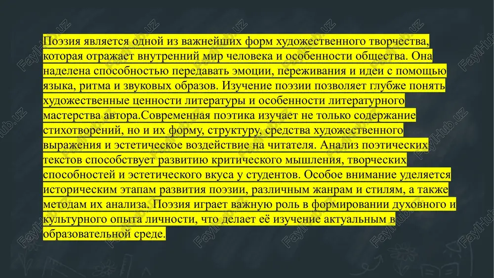 eziya delaet cheloveka duxovno bogache i pomogaet emu obresti vnutrennyuyu garmoniyu. vliyanie poezii na obshestvo i duxovniy mir lichnosti poeziya otlichaetsya ot prozi prejde vsego ritmicheskoy organizatsiey rechi, osobim muzikalnim zvuchaniem i emotsionalnoy nasishennostyu. esli proza peredayot misli v logicheskoy posledovatelnosti, to poeziya virajaet chuvstva v xudojestvenno-obraznoy forme. ona chashe vsego koroche po ob'yomu, no glubje po smislu. poeticheskoe slovo mnogoznachno: v nyom skrivayutsya metafori, simvoli, podteksti. v otlichie ot dramaturgii, poeziya ne nujdaetsya v stsenicheskom voploshenii — ona jivyot v voobrajenii chitatelya. imenno eto delaet poeziyu unikalnim i vechnim vidom iskusstva. struktura poeticheskoy rechi i xudojestvennie sredstva virajeniya obshaya struktura i yazik poeticheskoy rechi poeticheskaya rech predstavlyaet soboy osobuyu formu yazika, otlichayushuyusya ritmicheskoy organizatsiey, obraznostyu i emotsionalnoy nasishennostyu. v otlichie ot obidennoy rechi, ona podchinena esteticheskim zakonam, gde kajdoe slovo nesyot ne tolko smislovuyu, no i zvukovuyu nagruzku. v strukture poeticheskogo teksta vajnuyu rol igrayut sintaksicheskaya uporyadochennost, povtori, intonatsii …