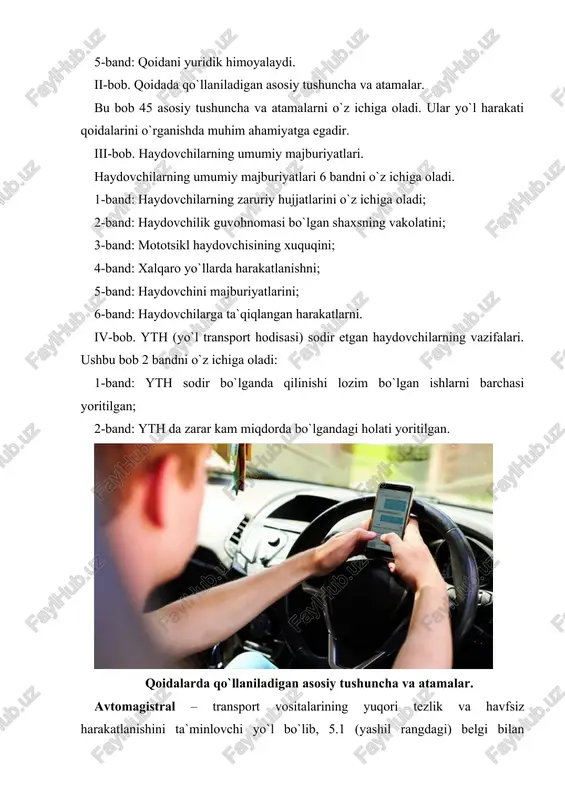 keltiriladigan yurgizgichsiz (dvigatelsiz), yuk tashishga mo`ljallangan qurilma. asosiy yo`l – tuproqli yo`lga nisbatan qattiq qoplamali (asphalt,tsement betonli, tosh yotqizilgan va shunga o`xshashlar), kesishayotgan yoki tutashgan yo`lga nisbatan 2.1, 2.3.1, - 2.3.3 yoki 5.1 belgilariga ega yo`l yoki yondosh xududdan chiqadigan yo`lga nisbatan har qanday yo`l. ikkinchi darajali yo`lning bevosita chorrahaga tutash qismining qoplamali bo`lishi unga asosiy yo`l maqomini bermaydi. aholi yashaydigan joy – kirish va chiqish yo`llari 5.22 – 5.25 belgilari bilan belgilangan hudud. 5.22-5.23 belgilari oralig`idagi hududda harakatlanish qoidalarining aholi yashaydigan joylarda harakatlanish tartibini belgilovchi talablariga amal qilinadi. 5.24-5.25 belgilari oralig`ida aholi yashaydigan joylarda harakatlanish tartibini belgilovchi talablarga amal qilinmaydi, balki yuqori tezlik yo`l harakatiqoidalari bilan belgilanadi. belgilangan yo`nalishli transport vositasi – belgilangan yo`nalishli va bekatlari bo`lgan, yo`lovchi tashish uchuch mo`ljallangan umumiy foydalanishdagi transport vositalari (trolleybus, avtobus, tramvay, yo`nalishli taksi). velosiped – odam kuchi bilan harakatlantiriladigan ikki yoki undan ortiq g`ildirakli transport vositasi (nogironlar aravachasidan tashqari). etarli ko`rinmaslik – …