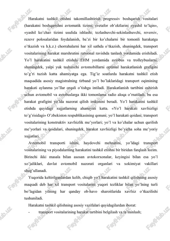 zirliklar, korporatsiyalar, kontsernlar, uyushmalar va hokimiyatlar darajasida keng ko’lamlik faol ishlar olib borilishi zarur. bunda harakatni tashkil qilishdagi yechiladigan masalalarni ko’lamiga qarab uch darajaga bo’lish mumkin: 1. davlat ahamiyatidagi daraja. bu darajada yo’lda harakatlanish qonun va me’yorlari tuziladi, «avtomobil-haydovchi-yo’l-piyoda-muhit» tizimidagi elementlarga talab standartlashtiriladi, yo’l tarmog’ining rivojlanish rejalari tuziladi, davlat miqyosida avtomobilizatsiya ko’lami muvofiqlashtiriladi. 2. vazirliklar darajasi. bu daraja passajirlarni va yuk tashishni takomillashtirish va rivojlantirish; transport vositalarini ishlab chiqarish; yo’llarni qurish; ta’mirlash; yo’lda yurishni tashkil qilishda ishlatiladigan texnik vositalarni ishlab chiqarish; haydovchilarni tayyorlash va yo’l qoidalarni yo’l harakati qatnashchilariga targ’ibot qilish masalalari ko’rib chiqiladi. 3. muhandis xizmati darajasi. bu darajada yo’lda harakatni tashkil qilish bo’yicha izlanishlar; yo’lning xavfli uchastkalarida harakatlanish sharoitlarini yaxshilash; transport vositalarini texnik ko’rikdan o’tkazish; harakatni tashkil qilish uchun ishlatiladigan texnik vositalarni tadbiq etish va ishlatish; haydovchilar va piyodalarning yo’l harakati qoidalariga rioya qilishlarini nazorat qilib borish masalalari hal qilinadi. o’zbekiston respublikasi avtomobillashtirish va yo’l tarmoqlarining o’sish ko’rsatkichlari …