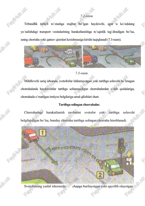 nadi. teng ahamiyatga ega bo`lmagan yo`llar kesishgan chorrahada asosiy yo`lning yo`nalishi o`zgarmagan yoki o`zgargan bo`lishi mumkin. asosiy yo`lning yo`nalishi o`zgargan bo`lsa, chorraha «asosiy yo`lning yo`nalishi» belgisi bilan ta`minlanadi. bunday chorrahaga yaqinlashayotgan haydovchi chorrahada imtiyoz berilgan yo`nalishni aniqlay olishi kerak. chapga yoki o`ngga burilayotgan haydovchi kesishayotgan yo`lning qatnov qismidan o`tayotgan piyodalarga, shuningdek, velosiped yo`lkasidan yo`lni kesib o`tayotgan velosipedchilarga yo`l berishi kerak. 7.10-rasm. teng ahamiyatga ega bo`lmagan yo`llar kesishgan chorrahada, keyingi harakat yo`nalishidan qatpi nazar, asosiy yo`ldan kelayotgan transport vositasiga ikkinchi darajali yo`ldan kelayotgan transport vositasining haydovchisi yo`l berishi kerak (7.10-rasm). teng ahamiyatli yo`llar kesishmasi «teng auamiyatli yo`llar kesishmasi» (1.6) belgisi bilan ta`minlangan yoki ta`minlanmagan qoplamali yoxud qoplamasiz yo`llarning kesishuvi. 2.05.02-85 -qurilish normalari va qoidalarga asosan ikkinchi darajali yo`lning chorrahaga tutash qismini qoplamalashtirish ko`zda tutilgan, lekin bu uni asosiy yo`l bilan teng huquqli qila olmaydi. teng ahamiyatga ega bo`lgan yo`llar kesishgan chorrahada relssiz transport vositasining haydovchisi o`ngdan kelayotgan transport vositalariga yo`l berishi …