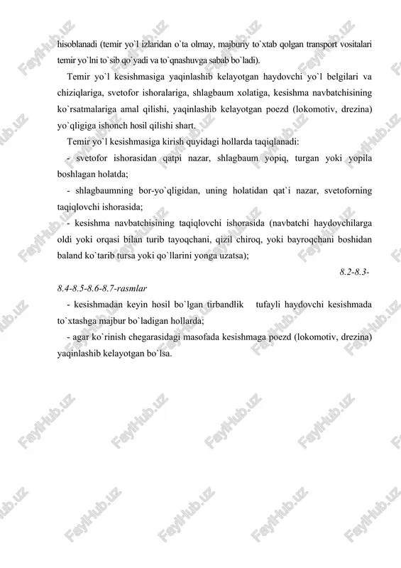 asini berib, u kelayotgan tomonga qarab yugurishi kerak. eslatma. to`xtash ishorasi qo`lni (kunduzi yorqin mato parchasi yoki aniq ko`rinadigan biror narsa bilan, tunda esa mashala yoki chiroq bilan) gir aylantirish orqali beriladi. umumiy xatar ishorasi bitta uzun va uchta qisqa tovush ishorasi orqali beriladi. avtomagistrallarda harakatlanish tartibi avtomagistral-transport vositalarining yuqori tezlik va xavfsiz harakatlanishlarini ta`minlovchi yo`l bo`lib, unga kirish 5.1, chiqish 5.2 belgilari bilan belgilanadi. avtomagistrallarda quyidagilar taqiqlanadi: - piyodalar, uy hayvonlari, ot-aravalar, velosipedlar, mopedlar, traktorlar va o`ziyurar mashinalar, texnik tavsifnomasiga yoki holatiga ko`ra tezligi soatiga 40 kilometrdan kam bo`lgan transport vositalarining harakatlanishi; - ruxsat etilgan to`la vazni 3,5 tonnadan ortiq, bo`lgan yuk avtomobillarining birinchi va ikkinchi bo`laklardan boshqa bo`laklarda harakatlanishi; 8.11-rasmlar 5.15 yoki 6.11 belgilari bilan belgilangan maxsus to`xtab turish maydonchalaridan boshqa joylarda to`xtash; - ajratuvchi bo`lakning texnologik uzilish joylariga kirish va qayrilib olish; - orqaga harakatlanish; - transport vositasini o`rganish uchun boshqarish. avtomagistrallarda yuqori tezlikni ta`minlash uchun sekin …