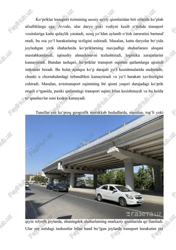 li bo‘lib, ular yo‘l harakatining xavfsizligiga tahdid soladi. shu sababli, muntazam texnik ko‘rik, rekonstruksiya va yangilash ishlari zarur. yo‘l harakati xavfsizligini ta’minlashda ko‘prik va tunellarning yoritilishi, signalizatsiya tizimi, kameralar va shamollatish uskunalari katta ahamiyatga ega. tunellarda havoning aylanishi va yoritilishi doimiy nazoratda bo‘lishi kerak, chunki bu joylarda tabiiy yorug‘lik va havo oqimi cheklangan. zamonaviy tunellarda yong‘inga qarshi tizimlar, evakuatsiya yo‘laklari va avtomatik signal tizimlari o‘rnatilgan. bu texnologiyalar haydovchilarning xavfsizligini ta’minlaydi va favqulodda holatlarda tezkor chora ko‘rish imkonini beradi. ko‘priklarda esa ko‘pincha shamol, zilzila yoki suv toshqinlariga bardosh bera oladigan konstruktiv yechimlar qo‘llanadi. muhandislik nuqtayi nazaridan, bunday inshootlarning mustahkamligi va bardoshliligi yo‘l harakatining uzluksizligini kafolatlaydi. ko‘priklar va tunellarning yo‘l harakatiga ijobiy ta’siri iqtisodiy natijalarda ham aks etadi. masalan, transport vositalarining harakat masofasi va vaqti qisqargan sari yoqilg‘i sarfi kamayadi, bu esa iqtisodiy tejashga olib keladi. shuningdek, yuk tashish jarayoni tezlashadi, mahsulotlar bozorlarga tezroq yetib boradi. bu holat ishlab chiqarishning samaradorligini oshiradi …