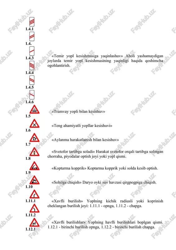 lishi. yoplning tapmirlanayotgan qismini aylanib optish yopnalishi. 1.31.2 1.31.3 «burilishning yopnalishi» «t» simon chorrahada yoki yopl ayrilishlarida harakatlanish yopnalishi. yoplning tapmirlanayotgan qismini aylanib optish yopnalishi. imtiyoz belgilari imtiyoz belgilari – chorrahalarda, alohida joylashgan qatnov qismlari kesishgan joylarda, shuningdek, yo`lning tor qismida yo`l harakati qatnashchilarining harakatlanishi navbatini belgilash uchun qo`llaniladi. imtiyoz belgilari 7 ta bo`lib, ular ko`rinishi jihatidan har xil, chunki bu belgi guruhi boshqa yo`l belgi guruhlaridan tashkil topgan. shuning uchun ham uchburchak, to`rtburchak va doira shaklidagi ko`rinishga ega. bu belgilar bevosita kesishma, tutashma va yo`lning tor qismlariga o`rnatiladi. imtiyoz belgilari - chorrahalarda, alohida joylashgan qatnov qismlari kesishgan joylarda, shuningdek, yoplning tor qismida yopl harakati qatnshchilarining harakatlanish navbatini belgilash uchun qopllaniladi. 2.2-rasm. 2.2-jadval. 2.1 «asosiy yopl» harakat tartibga solinmagan chorrahalarda ikkinchi darajali yoplda harakatlanayotgan transport vositasidan oldin optish huquqi beriladigan yoplning boshlanishi. 2.1 «asosiy yoplning oxiri « 2.3.1 «ikkinchi darajali yopl bilan kesishuv» 2.3.2 «ikkinchi darajali yoplning tutashuvi» 2.3.2 - …