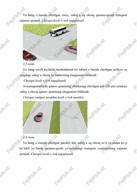 ldida haydovchi to`xtashi lozim bo`lgan joyni ko`rsatadi. bu chiziq “to`xtash” axborot-ishora belgisi (5.33) bilan ham qo`llanilishi mumkin. 3.10-rasm. yo`l belgi chizig`i bir qator bo`lib terilgan uchburchaklar, 1.20 bitta katta uchburchak. “yo`l bering” belgisi bilan qo`llanib, kesishgan yo`lda harakatlanayotgan transport vositasiga yo`l berish zarur bo`lganda, haydovchi to`xtashi lozim bo`lgan joyni ko`rsatadi. yo`l chekkasida o`rnatilgan “yo`l bering” belgisi ko`rinishi cheklangan kunning bo`laklaridagi yo`llarda qo`llanilishi mumkin. 3.11-rasm. yo`l belgi chizig`i parallel chizilgan keng uzluksiz chiziqlar (“zebra”) piyodalarning o`tish joyini bildiradi. “piyodalar o`tish joyi” (5.16) axborot-ishora belgisi bilan qo`llanilishi mumkin. yo`lning bunday joylarida, haydovchi shu yo`nalishning qatnov qismida bo`lgan piyodalarni o`tkazib yuborish kerak 3.14-rasm yo`l belgi chizig`i svetofor yordamida, tartibga solinadigan piyodalarning o`tish joyi. svetoforning qizil chirog`i yashilga almashib, piyodalar qatnov qismini tark etishga ulgurmagan bo`lsa, haydovchi piyodalarning shu yo`nalish bo`yicha o`tib olishlariga imkon berishi kerak (yhq. 16.3). yo`l belgi chizig`i velosiped yo`li kesib o`tgan joy. bunday boshqarilmaydignn kesishmada velosiped haydovchisi yo`lda harakatlanayotgan transport …