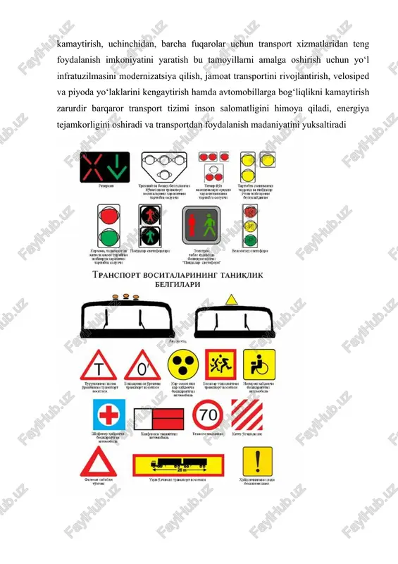 rqaror yo‘l harakati iqtisodiy samaradorlik bilan ham bevosita bog‘liqdir transport tizimining to‘g‘ri tashkil etilishi yoqilg‘i va energiya resurslarini tejaydi, transport vositalarining texnik xizmat ko‘rsatish xarajatlarini kamaytiradi, aholining vaqtini tejaydi va ishlab chiqarish samaradorligini oshiradi iqtisodiy jihatdan barqaror tizim deganda, uzoq muddatli istiqbolda ham o‘zini oqlaydigan, resurslardan oqilona foydalanadigan, infratuzilmani doimiy ta’mirlash va modernizatsiya qilishni ta’minlaydigan tizim tushuniladi ekologik jihatdan barqaror transport tizimi esa atmosferaga chiqayotgan zararli moddalarning miqdorini kamaytirishga qaratilgan masalan, elektr transport vositalaridan foydalanish, jamoat transporti ulushini oshirish, piyoda yurish va velosiped haydashni rag‘batlantirish bu borada muhim ahamiyat kasb etadi shuningdek, shaharlarda “yashil yo‘llar”, “ekologik zonalar” va “nol emissiya hududlari”ni tashkil etish orqali atrof-muhitni himoya qilish mumkin ijtimoiy jihatdan barqaror yo‘l harakati tizimi esa barcha toifadagi fuqarolarga teng imkoniyat yaratadi shu jumladan nogironlar, bolalar, keksalar va past daromadli qatlamlar uchun transport xizmatlarining qulayligi ta’minlanadi bu esa adolatli jamiyat tamoyillariga mosdir ijtimoiy barqarorlik shuningdek, transport tizimidan foydalanish madaniyatining yuksalishini ham …
