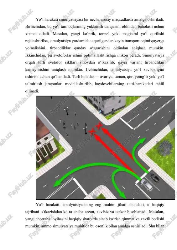 opik simulyatsiya yuqoridagi ikki yondashuv o‘rtasidagi muvozanatni ta’minlaydi. bu usulda transport oqimi alohida avtomobillar darajasida emas, balki transport oqimining kichik guruhlari sifatida ko‘rib chiqiladi. bu hisoblashni tezlashtiradi, lekin natija aniqligini saqlab qoladi. gibrid simulyatsiya esa turli yondashuvlarni birlashtirib, murakkab shahar transport tizimlarini yanada realroq modellashtiradi. bugungi kunda dunyoda yo‘l harakati simulyatsiyasi uchun ko‘plab dasturlar ishlab chiqilgan. ularning eng mashhurlari sumo (simulation of urban mobility), vissim, aimsun, matsim, transmodeler, paramics kabi tizimlardir. masalan, sumo ochiq kodli tizim bo‘lib, foydalanuvchilar o‘z shahar xaritalarini yuklab, turli transport ssenariylarini sinab ko‘rishlari mumkin. vissim esa tijorat dasturi bo‘lib, u mikroskopik simulyatsiya tamoyiliga asoslangan va juda aniq natijalar beradi. yo‘l harakati simulyatsiyasida asosiy elementlar transport vositalari, yo‘l tarmog‘i, svetoforlar, piyodalar, yo‘l belgilar va haydovchi xatti-harakat modelidir. har bir avtomobilning tezligi, tezlanish parametrlari, yo‘l tarmog‘idagi joylashuvi, boshqa transport vositalariga bo‘lgan masofa kabi ko‘rsatkichlar hisobga olinadi. haydovchi modeli esa psixologik omillarni o‘z ichiga oladi, ya’ni haydovchi qachon tezlanadi, …