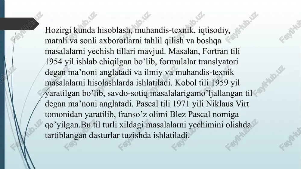 omotions. ls) j /docprops/thumbnail.jpeg mavzu: yugori darajati dasturlash fillari. interpretatorlar va kompilyatorlar reja 1. dasturlash tillari va ular sinflash 2. translyatorlarning turaei 3 interpretatsiya jarayoni