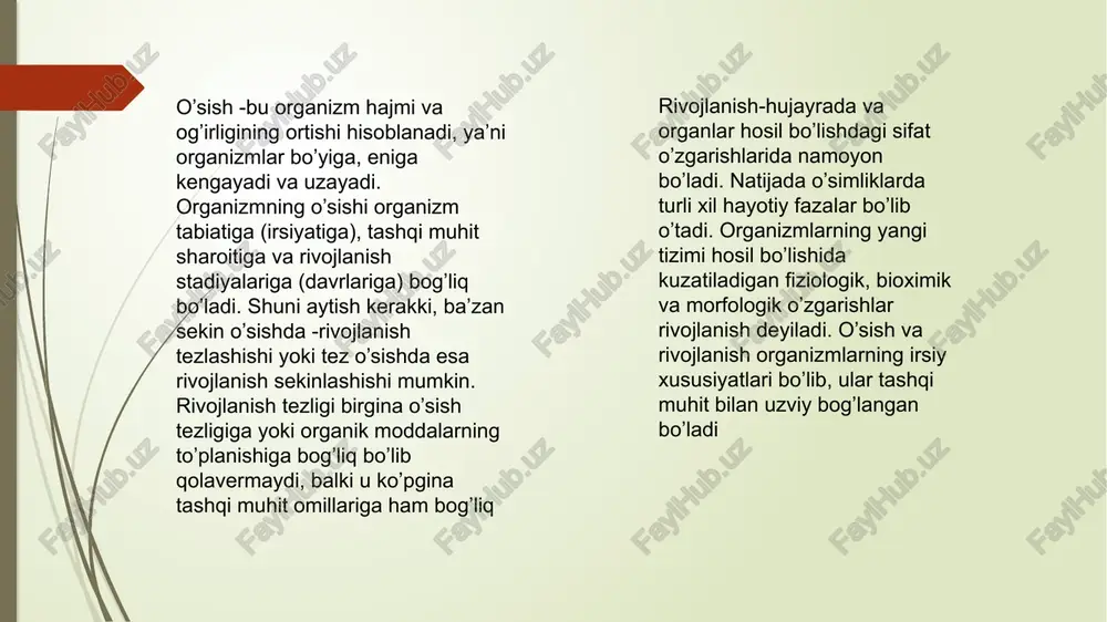 rganizmlar ontogenezi, ular hosil bo’lgandan boshlanib, qayta bo’linishi yoki nobud bo’lishi bilan tugallanadi. jinsiy usulda ko’payuvchi organizmlarda ontogenez zigotaning hosil bo’lishidan boshlanib, ularning o’limi bilan tugallanadi. ontogenez (yunoncha onton-mavjudot, genezis-rivojlanish so’zlaridan olingan). bu tushuncha 1866 yilda e.gekkel tomonidan fanga kiritilgan. ontogenezning uchta tipi bor:1. lichinkali rivojlanish.2. lichinkasiz rivojlanish.3. ona qornida rivojlanish.lichinkali rivojlanish tuxum hujayrada sariq moddasi kam bo’lgan organizmlarda kuzatiladi. ularning lichinkasi yetuk shaklidan o’z tuzilishi bilan farq qiladi. lichinkasiz ontogenez tuxumda oziq moddalar ko’p bo’lgan organizmlar (baliqlar, reptiliyalar, qushlar)da kuzatiladi. organizmning hamma hayotiy funksiyalari ona organizmi orqali amalga oshadi.ontogenez asosan ikki davrga:1) embrional rivojlanish davri 2) postembrional rivojlanish davriga bo’linadi.embrional rivojlanish davri. bu davr zigota hosil bo’lishidan boshlanib tug’ilguncha yoki tuxum qobiqlaridan chiqquncha davom etadi. embrional davri zigota, maydalanish, blastula, gastrula, birlamchi orgenogenez bosqichlariga bo’linadi. zigota ko’p hujayrali organizmning bir hujayrali bosqichidir. u tuxum va urug’ hujayraning qo’shilishi natijasida hosil bo’ladi. zigota davri juda qisqa vaqt davom etib, bunda …
