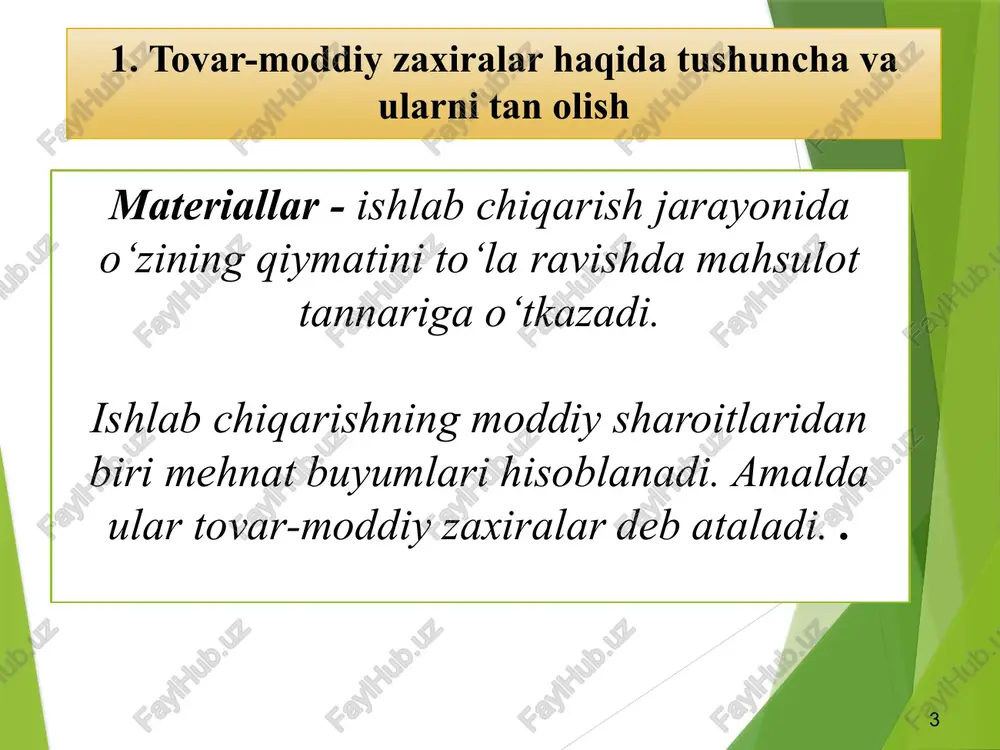 holash tartibi 13 3. tovar-moddiy zaxiralar hisobini tashkil etish va yuritish tartibi tmz buxgalteriya balansiga quyidagi holatlarda olinadi: mahsulot yetkazib berish (oldi-sotdi) shartnomasi bo‘yicha xarid qilish; ta'sischilardan tashkilotning ustav kapitaliga ulush sifatida kelib tushishi; ta'sischilar tarkibidan chiqishda yoki tugatilayotgan tashkilotning mol-mulki uning ishtirokchilari o‘rtasida taqsimlanayotganda tashkilotning ilgari boshqa tashkilotning ustav kapitaliga kiritilgan ta'sis ulushi qaytarilishidan kelib tushishi; 14 3. tovar-moddiy zaxiralar hisobini tashkil etish va yuritish tartibi ibi tmz buxgalteriya balansiga quyidagi holatlarda olinadi: bepul kelib tushish (hadya shartnomasi bo‘yicha); ayirboshlash; uzoq muddatli aktivlar tarkibidan o‘tkazish; ortiqcha tovar-moddiy zaxiralarni aniqlash; ilgari berilgan tovar qarzining qaytarilishi yoki tovar qarzini olish; tashkilotning o‘zida tayyorlanishi; hisobot davri oxirida tugallanmagan ishlab chiqarish sifatida hisobga olinadigan ishlarni bajarish va xizmatlar ko‘rsatish; 15 3. tovar-moddiy zaxiralar hisobini tashkil etish va yuritish tartibi tovar-moddiy zaxiralarni olishga ishonchnoma _____-son «___»______________ 20__ yil. ishonchnomani haqiqiyligi «___» _________________ 20__ yilgacha. ________________________________________________________________________________________ tashkilot nomi va uning manzili ishonchnoma berildi _________________________________________________________________________ lavozimi …