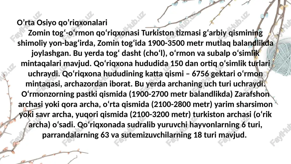 ri togʻli hududlarida) joylashgan davlat qoʻriqxonasi. qizilsuv (1975) va miroqi (1976) qoʻriqxonalari negizida tashkil qilingan (1983). maydoni 80 986,1 ga, shundan 12 203 ga oʻrmonzorlar, 2 745 ga oʻtloqzor, 17mga suv havzalaridan iborat. tabiiy landshaft majmualari va hisor togʻ tizmasi ekotizmlarini saqlash maqsadlarida tashkil etilgan. mamlakatimizning janubi-sharqida, amudaryo sohilida noyob to‘qay qo‘riqxonalari mavjud. baday-to‘qay qo‘riqxonasi shular jumlasidandir. ushbu hudud 70-yillarda amudaryo sohilidagi to‘qay o‘rmonlarini muhofaza qilish va buxoro bug‘ularining yashash joylarini tiklash uchun yaratilgan edi. kitob davlat geologiya qoʻriqxonasi — qashqadaryo viloyati kitob tumani hududidagi qoʻriqxona. zarafshon togʻ tizmasining janubi-gʻarbiy tarmoqlari, jinnidaryoning soʻl qirgogʻi va qoratogʻning shimoliyyon bagʻrida, kitob shahridan 45 km sharqda joylashgan. maydoni 5378 ga. yerning geologik tarixiga oid tabiiy-ilmiy yodgorliklar boʻlmish noyob paleontologik-stratigrafik obʼyektlarni reja asosida oʻrganish va muhofazalash maqsadida 1979 yilda tashkil etilgan. “qizilqum” davlat qo‘riqxonasi dengiz sathidan 150 metrdan 180 metrgacha balandlikdagi hududni uz ichiga oladi. amudaryoning o‘rta oqimida daryo odog‘idagi hamda janubi-g‘arbiy qizilqum cho‘lining …