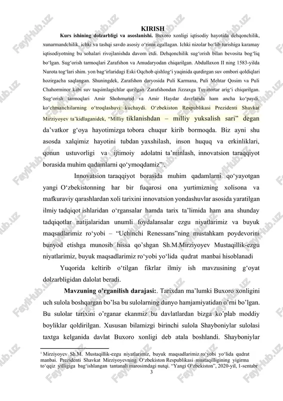 buxoro xonligini boshqaribgina qolmay ular xiva xonligigayam asos solishgandirlar ham. shayboniylar davrini o’rganishda biz ushbu davrda yozilgan asarlarni o’rganishimiz asosiy manba hisoblanadi. ushbu o‘quv qo‘llanmada movarounnahrda shayboniylar hokimyati o’rnatilishi, ashtarxoniylar sulolasi davrida buxoro xonligi, buxoro xonligining amirlikka aylanishi va shu kabi mavzularning ahamiyati ochib berilgan. o‘quv qo‘llanmadan o’zbekiston tarixini o‘rganish, ma’ruza va seminar mashg‘ulotlarini o‘tish jarayonida foydalanish mumkin. o‘quv qo‘llanma professor–o‘qituvchilar, tadqiqotchi – izlanuvchilar va talabalar uchun mo‘ljallangan. o‘zbekiston respublikasida olib borilayotgan islohotlar davlat va jamiyat hayotida yangi huquqiy negizni shakllantirish, fuqarolar huquq va erkinliklari hamda umumiy huquq-tartibotga izchil rioya qilish zaruratini yuzaga keltirdi. ushbu mavzu yuzasidan hofiz tanish buxoriy, abdullanoma, mir muhammad amini buhari, ubaydullaname, abduraxmon tole, istoriya abulfeyzxana, mirza abdal azim sami, tarix salatini mangitiyai buhara, oʻzbekistonning yangi tarixi, turkiston chor rossiyasi mustamlakachiligi davrida oʻzbekiston tarixi: davlat va jamiyat taraqqiyoti, hamid ziyoev va boshqa mualliflarning asarlari orqali o`rganishimiz mumukin. xix asr buxorosida hunarmandchilik xo‘jalik yuritishning muhim shakllaridan biri …