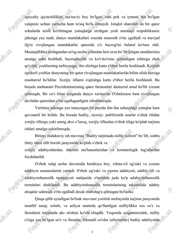 bek tiliga ko'plab tarjima ishlari amalga oshirilmoqda. bitiruv malakaviy ish mavzusi "badiiy tarjimada milliy kolorit" bo’lib, ushbu ilmiy ishni olib borish jarayonida ko'plab o'zbek va 6 1 xorijiy adabiyotlardan, internet ma'lumotlaridan va terminologik lug'atlardan foydalanildi. o'zbek xalqi asrlar davomida benihoya boy, xilma-xil og'zaki va yozma adabiyot namunalarini yaratdi. 0'zbek og'zaki va yozma adabiyoti, adabiy tili va adabiyotshunoslik taraqqiyoti natijasida o'tmishda juda ko'p adabiyotshunoslik terminlari shakllandi. bu adabiyotshunoslik terminlarining takomilida adabiy aloqalar salmoqli o'rin egalladi desak mubolag'a qilmagan bo'lamiz. qisqa qilib aytadigan bo'lsak mavzuni yoritish mobaynida tarjima jarayonida muallif nutqi, uslubi, va asliyat matnida qo'llanilgan milliylikka xos so'z va iboralarni tarjimada aks etishini ko'rib chiqdik. yuqorida aytganimizdek, milliy o'ziga xos bo'lgan so'z va iboralar, hikmatli so'zlar (aforizmlar) badiiy adabiyotda katta, muhim ahamiyatga ega va ularni tarjimada qay darajada aks etishi va bu yo'lda mavjud tarjima tamoyillaridan foydalanish yo'llari va ularning tadqiqi foydadan holi emasligi mavzumizning dolzarbligidan dalolat berib turadi. bitiruv malakaviy …
