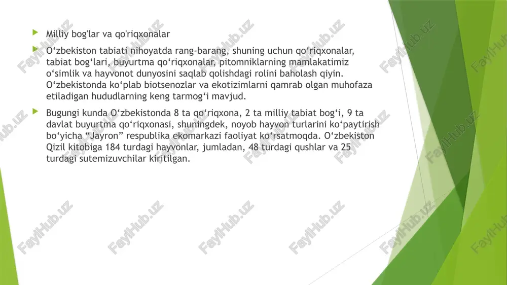 r – menzbir sug‘uridir. shuni aytish kerakki, sug‘urning 14 turi mavjud bo‘lib, shundan oltitasi mamlakatimiz hududida yashaydi. menzbir sug‘uri yer sharining boshqa biror qismida uchramaydi. tanasining uzunligi yarim metr, vazni esa 4 kilogramm atrofida bo‘lib, 4 oy mobaynida bir yarim kilogrammgacha yog‘ to‘playdiki, bu yog‘ uyqudagi karaxtlik davrida bemalol yetadi. menzbir sug‘uri xalqaro «qizil kitob» va o‘zbekiston «qizil kitob»iga kiritilgan. hozirgi vaqtda bu nodir jonivorning yashash sharoiti keng o‘rganilmoqda. chotqol tog‘-o‘rmon qo‘riqxonasi tog‘li o‘lkalarni xo‘jalik jihatdan o‘zlashtirish yo‘llarini ishlab chiqmoqda. qo‘riqxona hududida ilmiy bazalar ishlab turibdi va olimlar ilmiytadqiqot ishlarini olib bormoqdalar. image1.png image2.png image3.png image4.png image5.png image6.png /docprops/thumbnail.jpeg ‘n/a pon