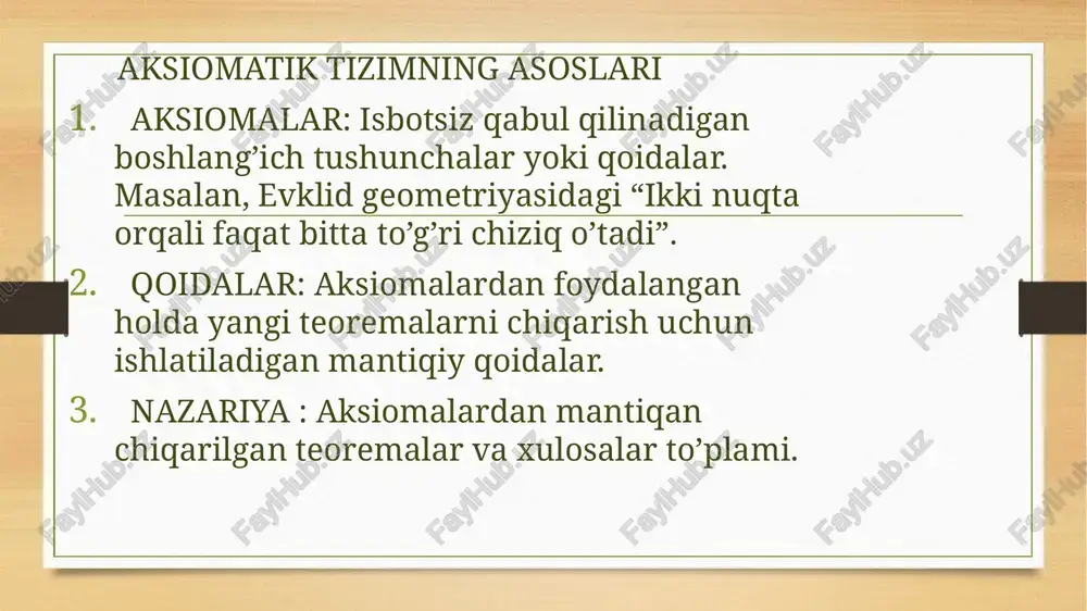 ing formalizatsiyasi va algoritmlar ishonchliligini tekshirish. iqtisodiyot: o’yin nazariyasi va qaror qabul qilish modellarini matematik asoslash. tabiiy fanlar: fizik qonunlarni matematik asoslash (masalan, nyuton mexanikasi). e’tiboringiz uchun raxmat ! image1.png image3.png image4.png mashhur aksiomatik nazariyalar 1. evklid geometriyasi: evklid tomonidan asoslangan bo’lib, beshta asosiy aksiomaga asoslanandi. masalan, uchburchak burchaklarining yig’indisi 180°ga teng. evklid (mil .avv.300) “elementlar” nomli kitobida geometriyani birinchi marta aksiomalarga asoslanib tushuntirdi. /docprops/thumbnail.jpeg