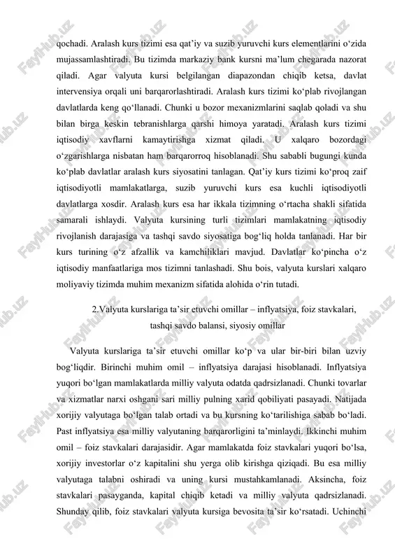ta’sir etuvchi omillar ko‘p va ular bir-biri bilan uzviy bog‘liqdir. birinchi muhim omil – inflyatsiya darajasi hisoblanadi. inflyatsiya yuqori bo‘lgan mamlakatlarda milliy valyuta odatda qadrsizlanadi. chunki tovarlar va xizmatlar narxi oshgani sari milliy pulning xarid qobiliyati pasayadi. natijada xorijiy valyutaga bo‘lgan talab ortadi va bu kursning ko‘tarilishiga sabab bo‘ladi. past inflyatsiya esa milliy valyutaning barqarorligini ta’minlaydi. ikkinchi muhim omil – foiz stavkalari darajasidir. agar mamlakatda foiz stavkalari yuqori bo‘lsa, xorijiy investorlar o‘z kapitalini shu yerga olib kirishga qiziqadi. bu esa milliy valyutaga talabni oshiradi va uning kursi mustahkamlanadi. aksincha, foiz stavkalari pasayganda, kapital chiqib ketadi va milliy valyuta qadrsizlanadi. shunday qilib, foiz stavkalari valyuta kursiga bevosita ta’sir ko‘rsatadi. uchinchi omil – tashqi savdo balansi hisoblanadi. agar mamlakat eksporti importidan yuqori bo‘lsa, demak, u ko‘proq xorijiy valyutaga ega bo‘ladi. bu sharoitda milliy valyutaga talab kuchayadi va kurs ko‘tariladi. aksincha, import eksportdan ko‘p bo‘lsa, xorijiy valyutaga ehtiyoj ortib, milliy valyuta qadrsizlanadi. tashqi …