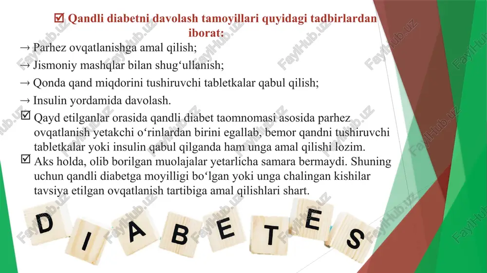 n etilgan mahsulotlar  oshirma va qavatli xamirli mahsulotlar;  tortlar;  yogʻli shoʻrvalar;  manna yormali sutli boʻtqalar;  ugra oshi, yogʻli goʻsht, oʻrdak, gʻoz goʻshti va qazi — qarta;  dudlangan mahsulotlar;  kolbasalar, yogʻli va tuzlangan baliq;  yogʻli baliq konservalari;  ikra, shoʻr pishloq, qaymoq, tuzlamalar;  uzum, banan, anjir murabbo, konfetlar, turshak, ananas, mayiz, xurmo, oʻrik, qovun;  muzqaymoq, shirin sharbatlar, gazlangan ichimliklar va limonadlar;  spirtli ichimliklar.  glikemik indeks deganda, mahsulotlar tarkibidagi uglevodlarning glyukozaga aylanish tezligi tushuniladi.  glikemik indeksi 30 % kam boʻlgan mahsulotlarni qandli diabetga chalingan bemorlar taomnomasiga istalgancha qoʻshish mumkin;  indeksi 30 – 50 % boʻlgan mahsulotlarni – har kuni zarur miqdorda qabul qilish lozim;  glikemik indeksi 50 – 70 % boʻlgan mahsulotlar — chegaralangan miqdorda tavsiya etiladi;  indeks 70 – 90 % boʻlgan mahsulotlarni – isteʼmol qilish chegaralanishi kerak, chunki ular qisqa vaqtda qonda qand miqdorini …