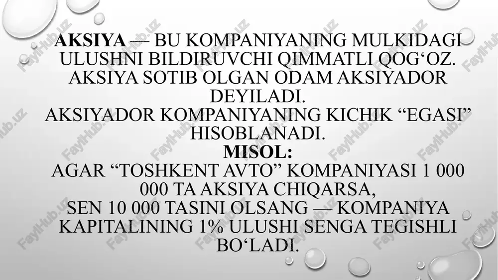 paniya kapitalining bo‘lagi, investor uchun daromad manbai. • oddiy aksiya – o‘sish imkoniyati katta, lekin xavfi yuqori. • imtiyozli aksiya – xavfi kam, daromadi barqaror. • to‘g‘ri baholash investor qarorining asosi: foydali yoki foydasiz ekanini aniqlaydi. • bozorni, kompaniya holatini va dividend siyosatini doim tahlil qilish zarur. e’tiboringiz uchun rahmat image2.png image3.png image4.jpg image5.jpg image1.png aksiyyalan va bua) alar ° hes ee ee on s | {ae im “fixed. s est » aksiyalar 2 guruhga bo'’linadi: oddiy aksiyalar - kompaniyaning ustaviga muvofiq aktsiyadorlarning umumiy yig'ilishida o'z vakolatlariga kiradigan barcha masalalar bo'yicha ovoz berish huquqiga ega bo'lish huquqida ishtirok etishlari, shuningdek dividendlar olish huquqiga ega bo'lishlari mumkin, shuningdek kompaniya tugatilgan taqdirda o'z mulklarining bir qismini olish haquqiga ega. iyozli aksiyalar. bunga aksiya egasi dividendni olingan foydaga qarab emas, balki oldindan belgilangan qat’iy foizlarda oladi. lekin unday aksiya egasi aksiyadorlarning umumiy yig‘ilishida ovoz berish uquqiga ega bo‘imaydi. bunday aksiyalar, qoidaga ko‘ra, aksiyadorlik …