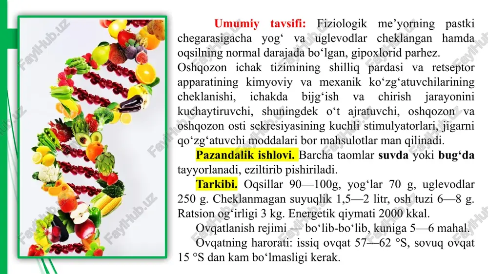 irsiz go‘shtli g‘ilak 110 na’matak damlamasi 200 tushlik: kunduzgi normadagi nondan qotirilgan oq non shakar bilan na’matak damlamasi 200 kechki ovqat: bug‘li quymoq 130 go‘shtli sho‘rvada manni bo‘tqa 300 kechqurunga: quritilgan chernikadan kisel 180 bir kunga: qotirilgan oq non (oq non 200 g) 100 shakar 40 sariyog‘ 10 4 parhezning taxminiy taomnomasi (2163 kkal) 4a-parhez ko‘rsatmalar. ichakdagi bijg‘ish jarayoni ustunligida kechuvchi surunkali enterokolitlar. 4-parhezga nisbatan unda uglevodlar va oqsil moddalari ko‘p darajada cheklanadi. ushbu parhezda: » uglevodlar (ayniqsa shakar va achituvchi mahsulotlar) keskin cheklanadi, chunki ular bijg‘ishni kuchaytiradi. » oqsil miqdori ham kamaytiriladi, chunki u ayrim hollarda ichakdagi chirish jarayonlarini kuchaytirishi mumkin. » taomlar asosan qaynatilgan yoki bug‘da pishirilgan holda beriladi. » qo‘pol tolali, qovurilgan, achchiq, nordon mahsulotlar qat'iyan tavsiya etilmaydi. » ratsionga yengil hazm bo‘ladigan, neytral ta’sirga ega mahsulotlar (masalan, suyuq bo‘tqalar, qaynatilgan sabzavotlar, yengil sho‘rvalar) kiritiladi. » bu parhez bemorning holatiga qarab vaqtincha belgilanadi va ichak faoliyati yaxshilangach, …