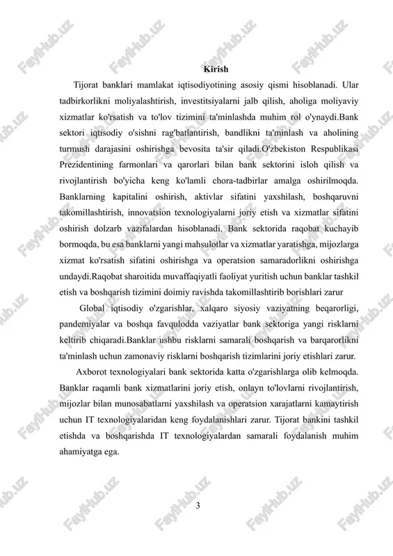 o‘g‘ri taqsimlash va biznes faoliyatini qo‘llab-quvvatlash orqali iqtisodiy barqarorlik va o‘sishga xizmat qiladilar. shu bois, ularning tashkil etilishi va boshqarish tizimi samaradorligi mamlakatning iqtisodiy rivojlanishiga bevosita ta’sir ko‘rsatadi. moliyaviy bozorning rivojlanishi hozirgi kunda moliyaviy bozorlar tez o‘zgarib borayotgan sharoitda, banklar samarali boshqarilishini ta’minlash muhim. tijorat banklarining tashkil etilishi va boshqarish tizimi ularning raqobatbardoshligini oshirish, innovatsiyalarni joriy qilish va mijozlarga sifatli xizmat ko‘rsatish uchun asos bo‘ladi. xalqaro standartlar va talablar bugungi kunda banklar xalqaro moliyaviy standartlarga muvofiq faoliyat yuritishi kerak. bu esa ularning tashkil etilishi va boshqarish tizimini takomillashtirishni talab qiladi. mazkur mavzudagi tadqiqotlar banklarning xalqaro bozorlarda raqobatbardoshligini ta’minlashga yordam beradi. ishonch va barqarorlikni ta’minlash tijorat banklarining samarali boshqaruvi mijozlar va investorlar uchun ishonchni oshiradi, bank krizislarining oldini olishga yordam beradi. shuning uchun banklarning tashkil etilishi va boshqarish tizimiga oid masalalarni o‘rganish juda dolzarbdir. moliyaviy innovatsiyalar va raqamlashtirish bugungi kunda bank sektorida raqamlashtirish va innovatsiyalarni joriy etish tez sur’atlarda rivojlanmoqda. tijorat …