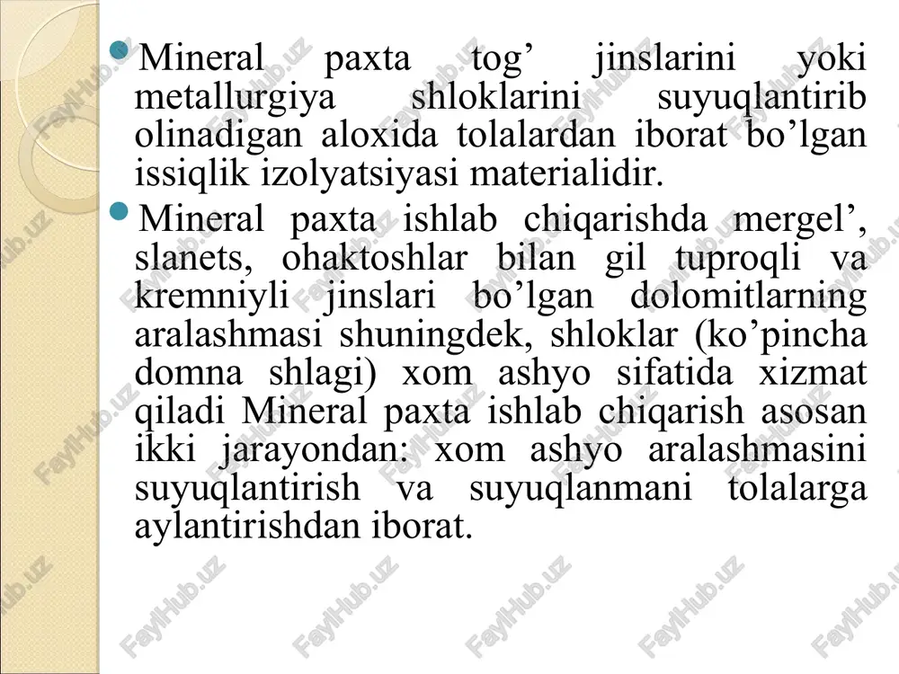 gan plitalarni quritib hosil qilinadi. mineral paxta plitalarning uzunligi 1000—1500 va 2000, eni 500 va 1000, qalinligi 40—100 mm. zichligiga ko’ra plitalar 200 va 250 markalarga bo’linadi. plitalarning issiqlik o’tkazuvchanligi markasiga bog’liq bo’lib, 0,06—0,076 vt/ (m.°s) chegaralarida bo’ladi. bitumli bog’lovchi asosida qilingan mineral paxta plitalar cherdaksiz yopmalar va cherdak orayopmalarini isitish, turar joy va sanoat binolarining devorlarini issiqlik izolyatsiyalash uchun, shuningdek sanoat asbob uskunalarining sirtini izolyatsiyalash uchun xizmat qiladi. truboprovodlarni izolyatsiyalash uchun (66- rasm) mineral paxta buyumlar — yarim silindrlar va silindrlar keng qo’llaniladi. ularning fizik-mexanik xossallari mineral paxta plitalarniki kabi bo’ladi. rasm. sim-to’r mineral paxtali materiallar bilan truboprovodni issiqlik izolyatsiya qilish. 1-birinchi qatlam matlar; 2-ikkinchi qatlam matlar. 2. shisha paxta va undan qilinadigan buyumlar shisha paxta.—tolali material bo’lib, ingichka va egiluvchan shisha iplardan iborat. bu iplar suyuqlantirilgan shisha massasidan olinadi. shisha paxtalar olish uchun shisha siniqlari yoki odatdagi shishalarni tayyorlashda ishlatiladigan xom ashyolar: kvarts qumi, kal’tsiy sodasi hamda natriy …