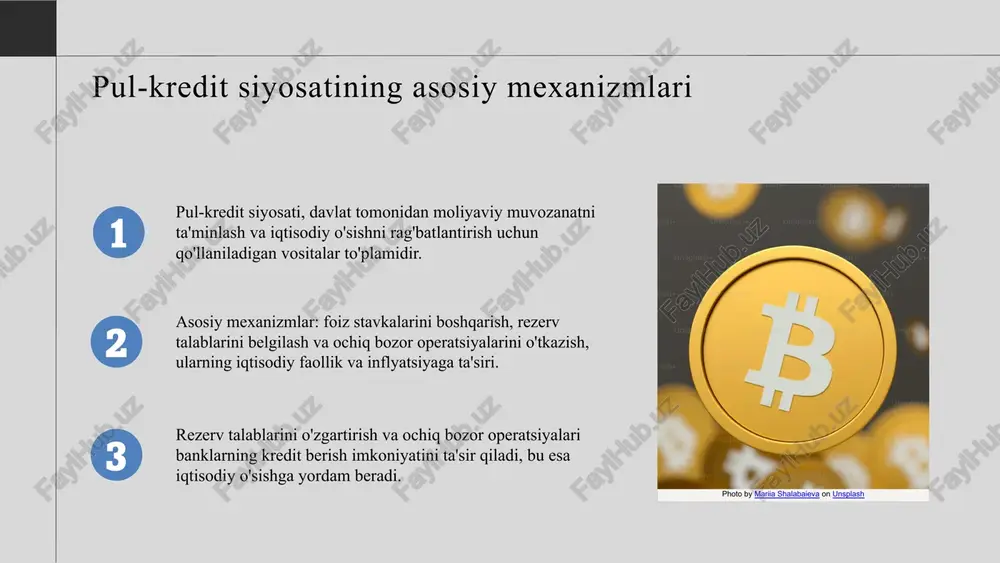 yordamida jarayonlar yanada samarali bo'lmoqda. valyuta va inflatsiya nazorati ham muhim. 1. 2. 3. xulosa pul-kredit siyosatining asosiy mexanizmlari iqtisodiy oʻsishni ragʻbatlantirishda muhim rol oʻynaydi. bu mexanizmlar banklar faoliyatini tartibga solish va pul massasini boshqarish orqali iqtisodiy barqarorlikni taʼminlaydi. mamlakatda pul-kredit siyosatining maqsadlari inflyatsiyani nazorat qilish, bandlikni oshirish va iqtisodiy barqarorlikni saqlashdir. boshqaruvni natsional bank amalga oshiradi, u siyosatni ehtiyojlarga mos ravishda boshqaradi. kelajakda pul-kredit siyosatining istiqbollari iqtisodiy rivojlanishni qoʻllab-quvvatlash va barqarorlikni taʼminlashda muhimdir. u mamlakat iqtisodiyotining uzoq muddatli barqarorligini shakllantirishda asosiy vositadir. photo by mariia shalabaieva on unsplash 1 2 3 e'tiboringiz uchun rahmat! designed by slides carnival image1.jpeg image2.png image6.jpg image3.jpg image5.jpg