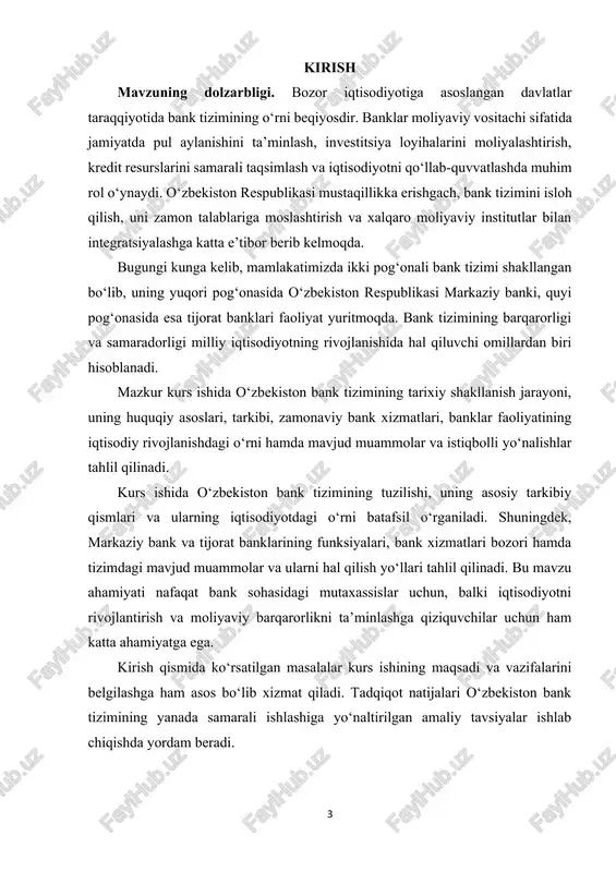 vjud muammolarni aniqlash va ularni hal etish bo‘yicha tavsiyalar ishlab chiqishga xizmat qiladi. bu esa iqtisodiyotda banklarning roli va ahamiyatini chuqur anglashga hamda amaliyotda qo‘llash imkonini beradi. kurs ishining tarkibiy tuzilishi va hajmi: ii.bob 4 paragrf 50 sahifa xulosa va foydalanilgan adabiyotlardan tashkil topgan. i.bob. o‘zbekiston bank tizimining shakllanishi va rivojlanish bosqichlari 1.1. mustaqillik yillarida bank tizimini isloh qilish bosqichlari o‘zbekiston respublikasi 1991-yilda mustaqillikka erishganidan so‘ng, mamlakat iqtisodiyotida chuqur tarkibiy o‘zgarishlar yuz berdi. ayniqsa, bank tizimining isloh qilinishi milliy iqtisodiyotning asosiy yo‘nalishlaridan biri sifatida qaraldi. chunki bozor iqtisodiyotiga o‘tish jarayonida banklar real sektor va moliyaviy tizim o‘rtasidagi asosiy ko‘prik sifatida xizmat qilishi zarur edi. bank tizimidagi islohotlarni quyidagi asosiy bosqichlarga ajratish mumkin:1991–1995 yillar – milliy bank tizimini shakllantirish bosqichi.bu davrda o‘zbekiston respublikasi markaziy banki tashkil qilindi va sobiq sssr bank tizimidan mustaqil faoliyat yurituvchi ikki pog‘onali bank tizimi joriy etildi. shu bilan birga, birinchi tijorat banklari paydo bo‘la boshladi. 1992-yilda …