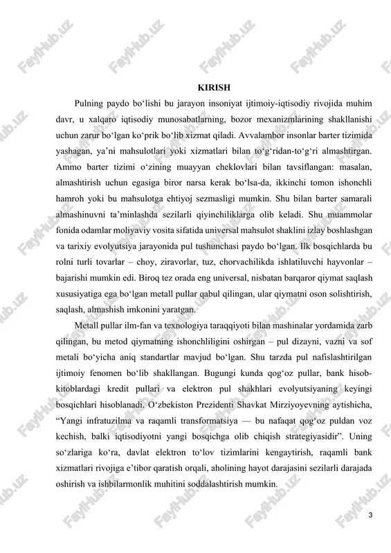 sh bu mamlakatning iqtisodiy mustaqilligi farzandidir”. bu tushuncha, raqamli transformatsiya, inflyatsiya nazorati, qat’iy pul-kredit siyosati orqali nafaqat ichki bozor balki xalqaro bosqichda ham raqobatbardosh iqtisodiy model yaratishga xizmat qiladi. bugungi kun davrida pul tushunchasining rivojlanishida elektron to‘lov tizimlari, mobayl banking, blockchain va kriptovalyutalar kabi yangicha fenomenda paydo bo‘lgan. ammo davlatlar ushbu yangilanishlarga ehtiyotkor yondashadilar, chunki butun jamiyat moliyaviy tizim barqarorligiga bog‘liq. shu jihatdan o‘zbekiston iqtisodida “xalqaro koperatsiya va investitsiyalarni kengaytirishda valuta siyosati va milliy pulning ishonchliligi muhim rol o‘ynaydi”, deya prezident mirziyoyev ta’kidlaydi. ya’ni milliy valyuta – so‘m – xalqaro maydonda ishonchni saqlashi, iqtisodiy siyosat barqarorligini aks ettirishi kerak. shuningdek, pul tarixi va evolyutsiyasini tushunish orqali jamiyatlar o‘sha davrlarda yuzaga kelgan savdo-sotiq vaziyatlarining ijtimoiy tuzilmalari, mehnat bozorining shakllanishi va boshqa iqtisodiy institutlarning rivojlanishi haqida tasavvur hosil qilish mumkin. barter tizimining murakkabligi savdo vositasi sifatida pulni ixtiro qilish zaruratini keltirib chiqargan. oradan ming yillar o‘tgan sari pul shakllari soddalardan murakkablarga, inson …