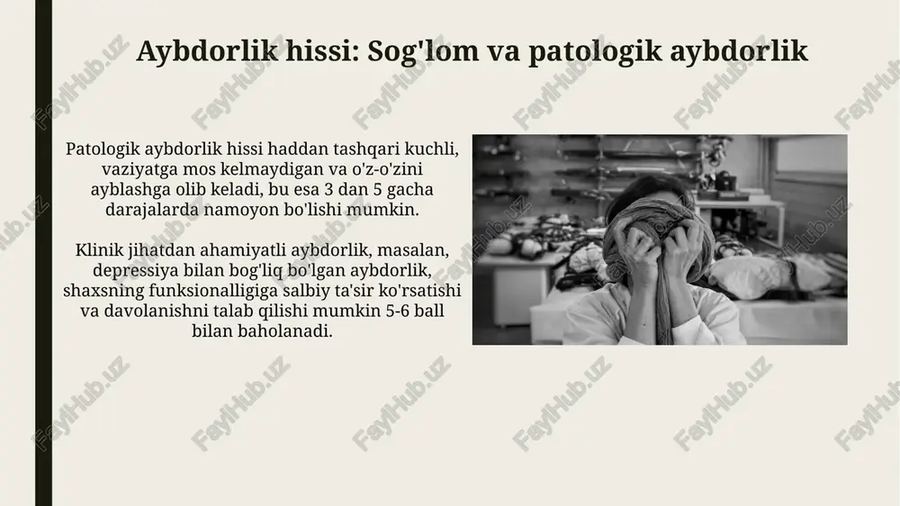 lashning qiyinlashuvi mavjud. bu alomatlar kasallikning jiddiyligini ko'rsatadi. depressiyaning sabablari biologik (genetik moyillik), psixologik (stress) va ijtimoiy (qo'llab-quvvatlashning yo'qligi) omillarning kombinatsiyasi bilan bog'liq bo'lishi mumkin. qo'rquv va fobiya bilan kurashish 102-raqamli tizimli desensitizatsiya, qoʻrquv obyektiga asta-sekin ta’sir qilish orqali bezovtalikni kamaytiradi; natijada qo'rquvni nazorat qilish qobiliyati oshadi. chuqur nafas olish kabi dam olish usullari, yurak urishini daqiqasiga 60-80 martaga tushirishi mumkin; shu bilan qo'rquv paytida fiziologik reaksiyalarni samarali boshqarish imkonini beradi. depressiyani baholash usullari bemorning depressiya darajasini aniqlash uchun beck depressiya inventarizatsiyasi (bdi-ii) kabi 21 banddan iborat so'rovnoma keng qo'llaniladi. geriatrik depressiya shkalasi (gds) keksa bemorlarda depressiyani aniqlash uchun 30 ta savoldan iborat, soddalashtirilgan versiyasi ham mavjud. e'tiboringiz uchun rahmat @taqdimot_robot image2.jpg image3.jpg image4.jpg image5.jpg image6.jpg image7.jpg image8.jpg image9.jpg image10.jpg image11.jpg image12.jpg image13.jpg