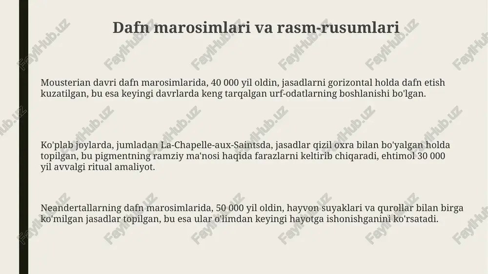 tozalash kabi vazifalarni osonlashtirgan. levallua texnikasi, taxminan 300 000 yil avval paydo bo'lgan, o'zak toshni oldindan shakllantirishni o'z ichiga oladi, bu esa 10-20 ta oldindan aniqlangan shakldagi qirindilar hosil qiladi. movster davri arxeologik yodgorliklari koʻplab mouster davri yodgorliklarida neandertal odamlari dafn marosimlari topilgan, bu ularning oʻlim va undan keyingi hayot haqidagi tushunchalariga ishora qiladi, ba’zan esa marosimlarda o’simliklar ishlatilgan. fransiyadagi la ferrassi gʻori kabi yodgorliklar, neandertal skeletlari, hayvon suyaklari va tosh qurollarining boy toʻplamiga ega boʻlib, bu davr odamlari hayoti haqida muhim ma'lumotlar beradi. mouster davri yodgorliklarida levallua texnikasi keng tarqalgan boʻlib, bu usulda oldindan shakllantirilgan tosh yadrochalardan aniq shakldagi qirqichlar tayyorlangan, bu esa samarali qurollarni yaratish imkonini bergan. yevropadagi movster yodgorliklari fransiyadagi le moustier gʻori movster madaniyatining asosiy namunasi hisoblanadi, undan ko'plab tosh qurollar va neandertal qoldiqlari topilgan, bu madaniyat uchun muhimdir. movster davri yodgorliklari, taxminan 160,000-40,000 yil avvalgi davrga tegishli boʻlib, neandertal odamlari tomonidan yaratilgan tosh asboblar majmualarini …