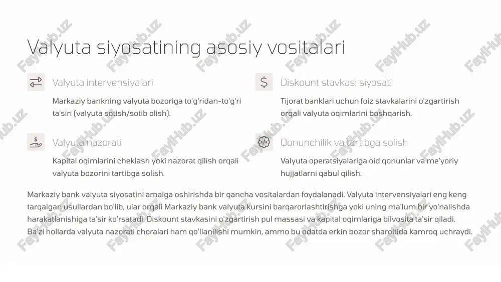 yatsiyani pasaytirish va narxlar barqarorligini ta'minlash bo'lib, valyuta kursining o'zgaruvchanligi bozor mexanizmlari orqali boshqariladi. 6 valyuta siyosatining inflyatsiya darajasiga ta'siri valyuta kursining mustahkamlanishi import qilinadigan tovarlar narxining pasayishiga olib keladi. import narxlari pasayishi bu esa o'z navbatida ichki bozordagi umumiy narxlar darajasiga ijobiy ta'sir ko'rsatadi. inflyatsiya darajasini pasaytirish natijada, pul-kredit siyosati bilan birgalikda inflyatsiyani pasaytirishga yordam beradi. valyuta siyosati inflyatsiya darajasiga bevosita ta'sir ko'rsatadi. milliy valyuta kursining mustahkamlanishi import tovarlarining arzonlashishiga olib keladi, bu esa o'z navbatida ichki bozordagi narxlarni pasaytiradi. aksincha, valyuta kursining zaiflashishi import tovarlarining qimmatlashishiga va inflyatsiyaning o'sishiga sabab bo'ladi. markaziy bankning valyuta siyosati, ayniqsa inflyatsiyani pasaytirishga qaratilgan bo'lsa, narxlar barqarorligini ta'minlashda muhim rol o'ynaydi. 7 valyuta siyosatining iqtisodiy o'sishga ta'siri barqaror valyuta kursi biznes uchun prognoz qilinadigan muhit yaratadi. investitsiyalarni rag'batlantirish mahalliy va xorijiy investitsiyalarni jalb qiladi. eksportni qo'llab-quvvatlash raqobatbardosh eksportga yordam beradi. ish o'rinlari yaratish iqtisodiy faollikning oshishiga olib keladi. valyuta siyosati iqtisodiy o'sishga ham …
