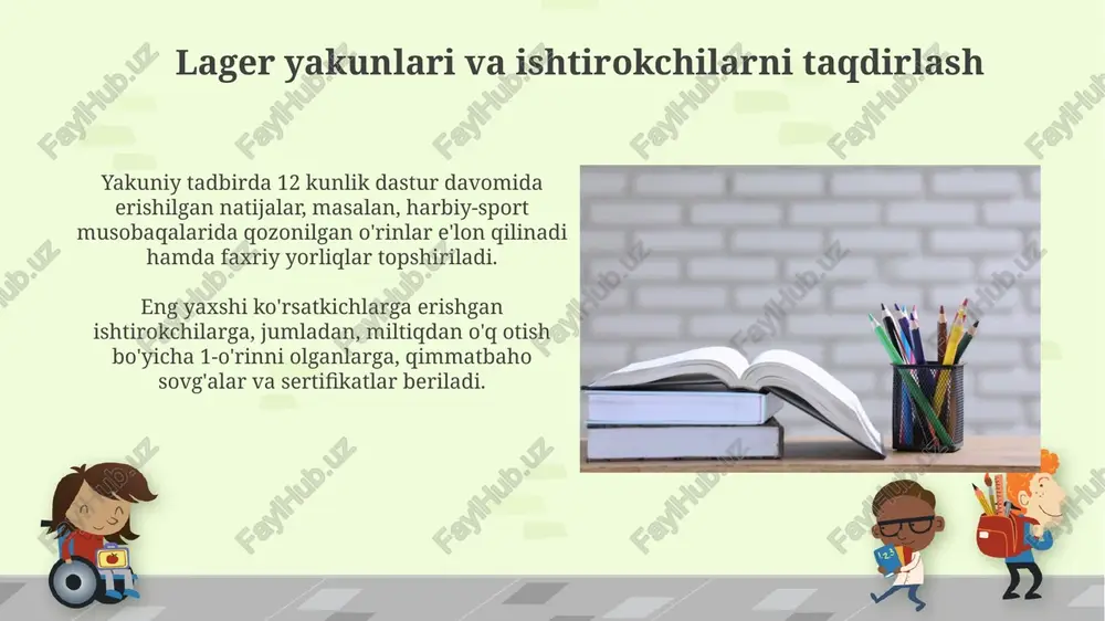 r bilan ta'minlangan, shuningdek, favqulodda vaziyatlar uchun tez yordam mashinasi ham tayyor holatda turadi. lagerda barcha qatnashchilar uchun majburiy tibbiy ko'rikdan o'tish tashkil etilgan bo'lib, bu har bir ishtirokchining sog'lig'i holatini baholash va xavfsizlikni ta'minlashga qaratilgan. dasturning kunlik rejasi (namuna) kunlik reja 21:00 da kechki ovqatdan so'ng, 22:00 da dam olishga tayyorgarlik va 22:30 da uxlash bilan yakunlanadi, bu esa ertangi kun uchun kuch yig'ishga yordam beradi. dasturda 14:00 da tushlikdan so'ng, harbiy intizomni mustahkamlash uchun saf mashqlari, qurollar bilan ishlash bo'yicha amaliy mashg'ulotlar 16:00 da o'tkaziladi. “vatanparvar” harbiy-sport lagerining tashkil etilishi ushbu lagerlar o'zbekiston mudofaa vazirligi, yoshlar ishlari agentligi va "vatanparvar" tashkiloti hamkorligida tashkil etilib, yoshlarni harbiy xizmatga tayyorlashga yo'naltirilgan 12 kunlik dasturni o'z ichiga oladi. "vatanparvar" harbiy-sport lagerlari o'zbekiston respublikasi vazirlar mahkamasining 2018-yil 16-fevraldagi 118-sonli qarori bilan harbiy-vatanparvarlik tarbiyasini kuchaytirish maqsadida tashkil etilgan. e'tiboringiz uchun rahmat @taqdimot_robot image7.jpg image8.jpg image9.jpg image10.jpg image11.jpg image12.jpg image13.jpg image14.jpg image15.jpg image16.jpg image17.jpg …