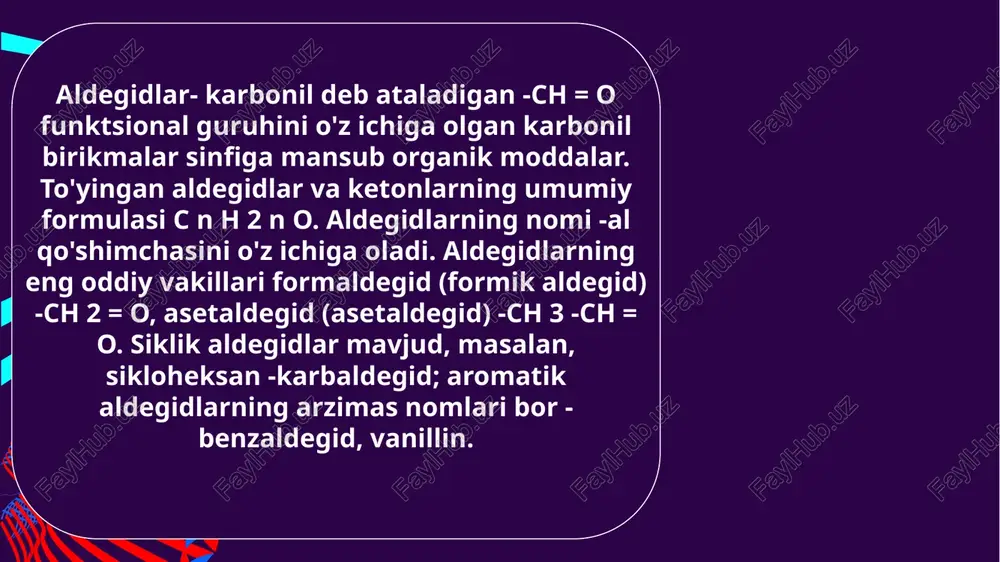ketonlar) kuchli kislotalar boʻlib, pka qiymatlari −5 va −7 oraligʻida boʻladi. organik kimyoda uchraydigan kislotalar kamdan-kam hollarda ketonlarni toʻliq protonlash uchun yetarlicha kuchli boʻlsa-da, protonlangan ketonlarning muvozanat konsentratsiyasining shakllanishi koʻplab umumiy organik reaksiyalarni mexanizmlarida muhim hisoblanadi. masalan, atsetol hosil boʻlishi pka 5,2 boʻlgan piridiniy kationi kabi kuchsiz kislotalar (piridiniy tosilatida topilgan) protonatsiya uchun juda noqulay muvozanat konstantasiga qaramay, bu kontekstda katalizator boʻlib xizmat qila oladi (keq<10−10). aldegid va ketonlarni olishning bir necha usullari ishlab chiqilgan. shulardan ayrimlari bilan tanishib chiqamiz. 1. birlamchi spirtlarni oksidlash yoki ulardan vodorodni tortib olish natijasida aldegid, ikkilamchi spirtlardan esa ketonlar hosil bo’ladi. 2 . atsetilenga suv birikishi natijasida aldegid, uning gomologlaridan esa ketonlar hosil bo’ladi. jarayon kadmiy, kalsiy, fosfat katalizatori ishtirokida, 360-4200c haroratda olib boriladi. 3 . aldegid va ketonlar kislotalar va ularning aralashmasini 400-4500c va mno2, cuo, zno ishtirokida pirolizga uchratib olinishi mumkin. 4. texnikada aldegidlar etilen uglevodorodlariga co2 va h2 biriktirib (oksosintez) olinadi. …