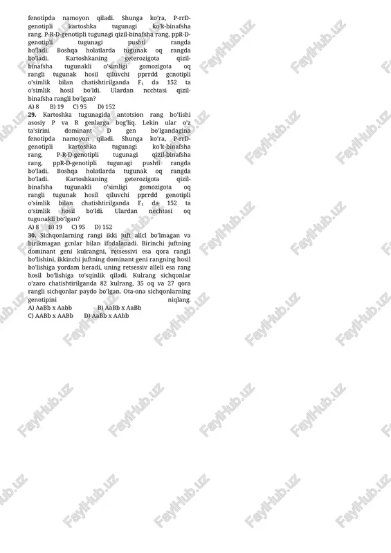 b a) 1,3,5 b) 2,4 c) 1,6 d) 5 10. sichqonlarda a gen junini kulrang bo’lishi uning retsessiv alleli esa qora rangni yuzaga chiqaradi, ikkinchi juftning dominant geni rang hosil bo’lishiga yordam beradi, uning retsessiv xili ingibitor vazifasini bajaradi. quyidagi berilgan genotiplar orasidan oq rangli sichqonlarni genotiplarini ajrating? a) aabb; b) aabb; c) aabb; d) aabb; e) aabb; f) aabb a) a,c,e b) b,d,f c) a,d,e d) b,c,e 11. g’o’za tolasining rangi ikki juft allel bo’lmagan va birikmagan genlar bilan ifodalanadi. birinchi juftning dominant geni malla, retsessivi esa oq rangli bo’lishini, ikkinchi juftning dominant geni har ikkala genni funksiyasini bo’g’ib yashil rangda bo’lishiga olib keladi, uning retsessiv alleli esa rang hosil bo’lishiga ta’sir ko’rsatmaydi. malla va yashil tolali g’o’za liniyalari o’zaro chatishtirilib, f1 da bir xil fenotipli duragaylar olindi. f2 da 800 ta o’simlik olingan. duragaylar orasida qancha malla,yashil va oq tolali bo’lganligini toping? a) 600; 150; 50 c) 300; …