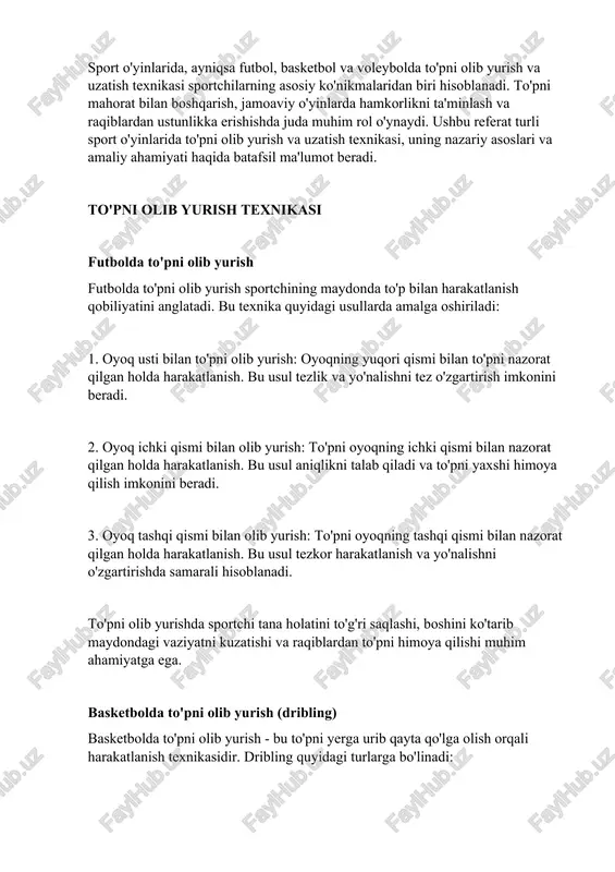 ish jarayonida oyoq holatini to'g'ri tanlash, to'p bilan tegish yuzasini aniq belgilash va zarba kuchini maqsadga muvofiq tanlash kerak. basketbolda to'p uzatish basketbolda to'p uzatish texnikasi o'yinning asosiy qismlaridan biri hisoblanadi: 1. ko'krak barobarida ikki qo'llab uzatish: eng ko'p qo'llaniladigan usul bo'lib, o'yinchilar orasida qisqa masofaga to'p uzatish uchun ishlatiladi. 2. yerdan sapchitib uzatish: to'pni yerga urib, sherigiga yetkazish. bu usul raqiblardan himoyalangan holda to'p uzatishda samarali. 3. bir qo'llab yelka ustidan uzatish: uzoq masofaga to'p uzatish uchun qo'llaniladi. 4. "hook pass" yoki ilmoqsimon uzatish: raqib himoyasidan oshirib uzatish usuli. to'p uzatishda aniqlik, tezlik va aldov harakatlari muhim rol o'ynaydi. shuningdek, uzatish paytida to'pni ikki qo'l bilan ushlash, to'g'ri nishonga olish va kuchni to'g'ri taqsimlash kerak. voleybolda to'p uzatish voleybolda to'p uzatish texnikasi o'yin davomida muhim ahamiyatga ega: 1. yuqoridan ikki qo'llab uzatish: barmoqlar yordamida to'pni nazorat qilgan holda yuqoriga va oldinga yo'naltirish. 2. pastdan ikki qo'llab uzatish: to'pni qo'l …