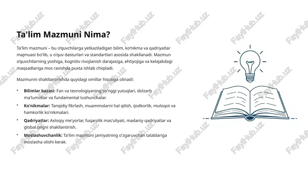 7 ta'lim metodlari va vositalarining o‘zaro bog‘liqligi ta'lim metodlari va vositalari bir-birini to'ldirib, ta'lim jarayonining samaradorligini oshiradi. har bir metod o‘ziga xos vositalar yordamida yanada samarali amalga oshiriladi. misollar: muammoli metod: interaktiv taxta va video materiallar yordamida murakkab muammolar vizual tarzda tushuntiriladi, o'quvchilar esa guruhlarda ishlash uchun onlayn platformalardan foydalanishlari mumkin. loyihaviy metod: o'quvchilar kompyuter dasturlari yordamida loyihalarini yaratadilar, ularni taqdimotlar orqali namoyish etadilar va veb-saytlar orqali ma'lumot to'playdilar. differensiallashgan ta'lim: har bir o'quvchining ehtiyojlariga moslashtirilgan elektron darsliklar va moslashuvchan o'quv ilovalari qo'llaniladi. vositalar metodlarning amaliy tatbiqini osonlashtiradi, metodlar esa vositalarning maqsadga muvofiq ishlatilishini ta'minlaydi. 8 ta'limda metod va vositalarni tanlash omillari 1 o‘quvchilarning xususiyatlari yosh, qiziqishlar, bilim darajasi, o'rganish uslublari va individual ehtiyojlar. 2 ta'lim maqsadi qanday bilimlarni o'rgatish, qaysi ko'nikmalarni rivojlantirish va qanday qadriyatlarni singdirish. 3 ta'lim mazmuni mavzuning murakkabligi, hajm va uning amaliy ahamiyati. 4 texnologik imkoniyatlar maktab yoki muassasada mavjud bo'lgan vositalar (kompyuter, internet, interaktiv doska). …