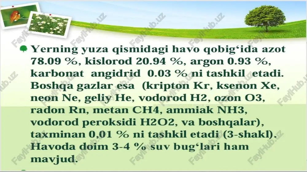 adan yomg'ir, qor, qor yoki do'l. bu turli shakllar sayyoramizning umumiy suv balansiga hissa qo'shadi. atmosferadagi suv ta'sirida ob-havo namunalari 1 2 3 2 atmosferadagi suv ob-havo sharoitlarini shakllantirishda hal qiluvchi rol o'ynaydi. bu bulutlarning shakllanishiga, yog'ingarchilik va haroratni tartibga solishga ta'sir qiladi. 1 suv bug'ining mavjudligi ob-havoning yomg'irli, quyoshli yoki tumanli bo'lishini aniqlaydi. bu, shuningdek, namlik darajasi va jiddiy ob-havo hodisalari ehtimoliga ta'sir qiladi. 3 atmosferada suvning qanday harakat qilishini tushunish meteorologlar uchun ob-havoni to'g'ri prognoz qilish va jamoalarni yuzaga kelishi mumkin bo'lgan ta'sirlarga tayyorlash uchun juda muhimdir. iqlim o'zgarishining atmosferadagi suvga ta'siri iqlim o'zgarishi haroratning oshishiga olib keladi, bu esa suvning atmosferaga ko'proq bug'lanishiga olib keladi. bu tez-tez va kuchli yog'ingarchilik hodisalariga olib keladi. 01 global haroratning ko'tarilishi atmosfera sirkulyatsiyasining o'zgarishiga ham hissa qo'shib, atmosferada suv bug'ining tarqalishiga ta'sir qiladi. bu yog'ingarchilik shakllarining o'zgarishiga olib kelishi mumkin. 02 iqlim o'zgarishi sababli suv aylanishidagi o'zgarishlar ob-havo sharoitlariga sezilarli ta'sir …