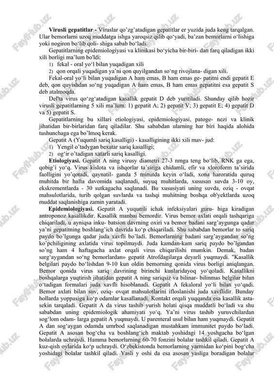 adi. 2-3 kun ichida gastroduo- denit rivojlanadi. sutkada 20 marta va undan ortiq ich ketishiga tez - tez va ko‘p miqdorli qusish qo‘shiladi. qusuqda avvaliga ovqat qol- diqlari bo‘lsa, keyin suvday bo‘lib, o‘t suyuqligi aralash namoyon bo‘ladi, bu ham o‘z navbatida suvsizlanishning yanada ko‘payishiga sabab bo‘ladi. yuz so‘lg‘in bo‘lib, shilliq qavatlar va teri yanada quruqlashadi. teri tarangliligi yo‘qolib, burmalari yozilmaydi. asidoz, to‘qimalar gioksiyasi va boshqa o‘zgarishlar kuchayadi, natijada oyoq - qo‘lning tonik, klonik va aralash qisqarishi kuza- tiladi. bemorning ahvoli og‘irlashadi, arterial bosimi pasayadi, yurak tonlari bo‘g‘iq holda bo‘lib, nafas olish tezlashadi. vabo kasalligi o`chog`ida qilinadigan ishlar. avvalo vaboning boshqa davlatlardan bizning yurtimizga kelib qolishiga qarshi chora-tadbirlar amalga oshiriladi. vabo uchrab turadigan xorijiy mamlakatlardan keladigan kishilar 5 kun davomida vrach nazoratida bo‘ladi. ular albatta bakteriologik- yo‘l bilan tekshiriladi. aholini suv bilan ta’minlaydigan suv havzalari, sut va boshqa oziq-ovqat mahsulotlarini ishlab chiqaradigan, ularni saqlaydigan va sotadigan korxonalar, tashkilotlar, umumiy ovqatlanish muassasala- …