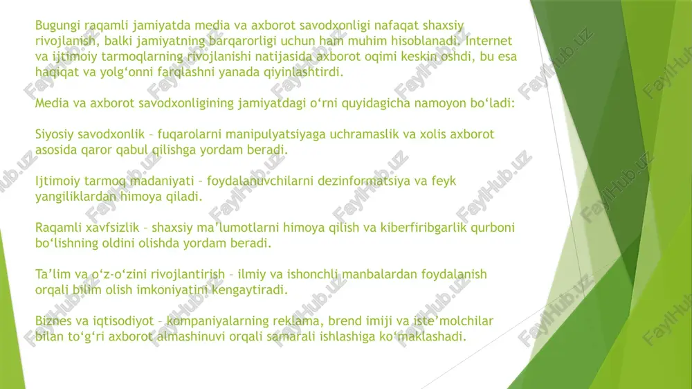 tijorat manfaatlari – ba’zi media kanallar auditoriyani jalb qilish uchun shov-shuvli yoki hissiyotga ta’sir qiluvchi materiallar tayyorlaydi. manipulyatsiya va propaganda – ayrim axborot vositalari turli mafkuraviy yoki siyosiy maqsadlarga xizmat qilishi mumkin. media ishlash prinsiplarini tushunish orqali inson axborotni tanqidiy baholashni va manipulyatsiyalarga uchmaslikni o‘rganadi. axborotni tekshirish va manbalarni tahlil qilish uchun quyidagi usullardan foydalanish mumkin: 1. manba ishonchliligini baholash – hukumat tashkilotlari, ilmiy markazlar va taniqli oav ishonchli manbalar hisoblanadi. 2. faktcheking platformalaridan foydalanish – snopes, factcheck.org, google fact check explorer kabi xizmatlar axborotning haqiqatga mosligini tekshirishga yordam beradi. 3. raqamli vositalardan foydalanish – google reverse image search, tineye kabi vositalar orqali rasm va videolarning manbasini aniqlash mumkin. 4. axborotni boshqa manbalar bilan solishtirish – ma’lum bir yangilik bir nechta mustaqil manbada tasdiqlansa, uning ishonchliligi yuqori bo‘ladi. agar faqat bitta yoki noma’lum manbada bo‘lsa, shubhalanish kerak. 5. matnni tahlil qilish – shov-shuvli yoki hissiyotlarga ta’sir qiluvchi so‘zlar, xulosa chiqarishga …