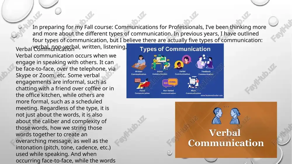 d? excited? nervous? are you a good listener? can you write a concise, clearly articulated message? are there barriers to how you communicate effectively? understanding how you communicate is the first step to communicating more effectively. you can easily look online for communication courses. there are a variety of credit and non-credit course available to help you improve your communication skills, including our non-credit series. 8 ways you can improve your communication skills be clear and concise. prepare ahead of time. be mindful of nonverbal communication. watch your tone. practice active listening. build your emotional intelligence. develop a workplace communication strategy. create a positive organizational culture. thank you for your attention image2.png image3.png image4.png image5.png image6.png image7.png image8.png image9.png image10.png image11.png image12.png image13.png image1.png types of communication & so? €. > oe visual & ‘mass ‘communication ‘communication ‘www businesslouder.com verbal communication hey charles, 1 am well, wassup?" / barney communication …