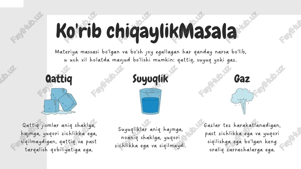 slorod atomi 1 kislorod atomi + 2 uglerod atomi misollar umumiy molekulalar 1 karbonat angidrid molekulasi atom nazariyasi materiyaning tabiatini va uning xatti-harakatlarini tushuntiruvchi ilmiy tushunchadir. bir qancha nazariyalar atomlarning tuzilishini o'rganishga harakat qiladi; demokritning atomizmi, jon daltonning qattiq sfera modeli, j.j. tomsonning olxo'ri puding modeli va ernest ruterfordning yadroviy modeli. atom moddaning asosiy birligi va elementning eng kichik zarrasi. atomlar uch turdagi subatomik zarrachalardan iborat: protonlar, neytronlar va elektronlar. molekulalar - bu kimyoviy bog'lar bilan birlashtirilgan ikki yoki undan ortiq atomlar guruhlari. image1.png image2.svg image3.png image4.svg image5.png image6.svg image15.png image16.svg image17.png image18.svg image7.png image8.svg image9.png image10.svg image11.png image12.svg image13.png image14.svg image19.png image20.svg image21.png image22.svg image23.png image24.svg image25.png image26.svg image27.png image28.svg image29.png image30.svg image31.png image32.svg image33.png image34.svg image35.png image36.svg image37.png image38.svg image39.png image40.svg image41.png image42.svg image43.png image44.svg image45.png image46.svg image47.png image48.svg image49.png image50.svg image51.png image52.svg image53.png image54.svg image55.png image56.svg image57.png image58.svg image59.png image60.svg image61.png image62.svg image69.png image70.svg image63.png image64.svg image65.png …