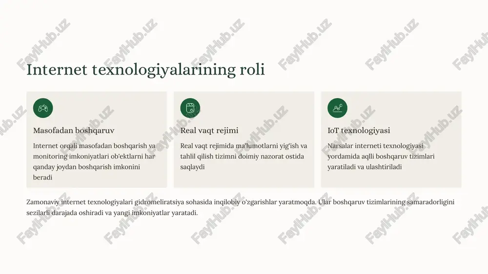 iladi iqtisodiy samaradorlik resurslardan samarali foydalanish va xarajatlarni kamaytirish korxonaning rentabelligini oshiradi qo'shimcha imkoniyatlar ma'lumotlarni yig'ish va tarixiy tahlil qilish bashoratli texnik xizmat ko'rsatish energiya iste'molini optimallashtirish inson resurslarini samarali taqsimlash 8 xavfsizlik va axborot himoyasi shifrlash iot tizimlarida ma'lumotlarni shifrlash va autentifikatsiya protokollari qo'llaniladi. aes-256 shifrlash standarti ma'lumotlar xavfsizligini kafolatlaydi. himoya choralari tarmoq hujumlariga qarshi himoya choralarini joriy etish muhim ahamiyatga ega. firewall va intrusion detection tizimlari doimiy nazoratni ta'minlaydi. ishonchlilik ishonchli va barqaror boshqaruv tizimini yaratish uchun zaxira tizimlari va rezervlash mexanizmlari joriy etiladi. muhim eslatma: xavfsizlik tizimlari doimiy yangilanib turilishi va zamonaviy tahdidlarga moslashtirilishi kerak. muntazam xavfsizlik auditi o'tkazish tavsiya etiladi. 9 internet texnologiyalari bilan avtomatlashtirishning yangi davri samaradorlik gidromeliratsiya tizimlarida samaradorlik va ishonchlilik sezilarli darajada oshadi resurs tejash suv va energiya resurslarini tejash orqali ekologik barqarorlik ta'minlanadi innovatsiya zamonaviy boshqaruv tizimlari orqali kelajak muhandislariga yangi imkoniyatlar yaratish rivojlanish doimiy texnologik taraqqiyot va raqamli transformatsiya jarayonlari "internet …